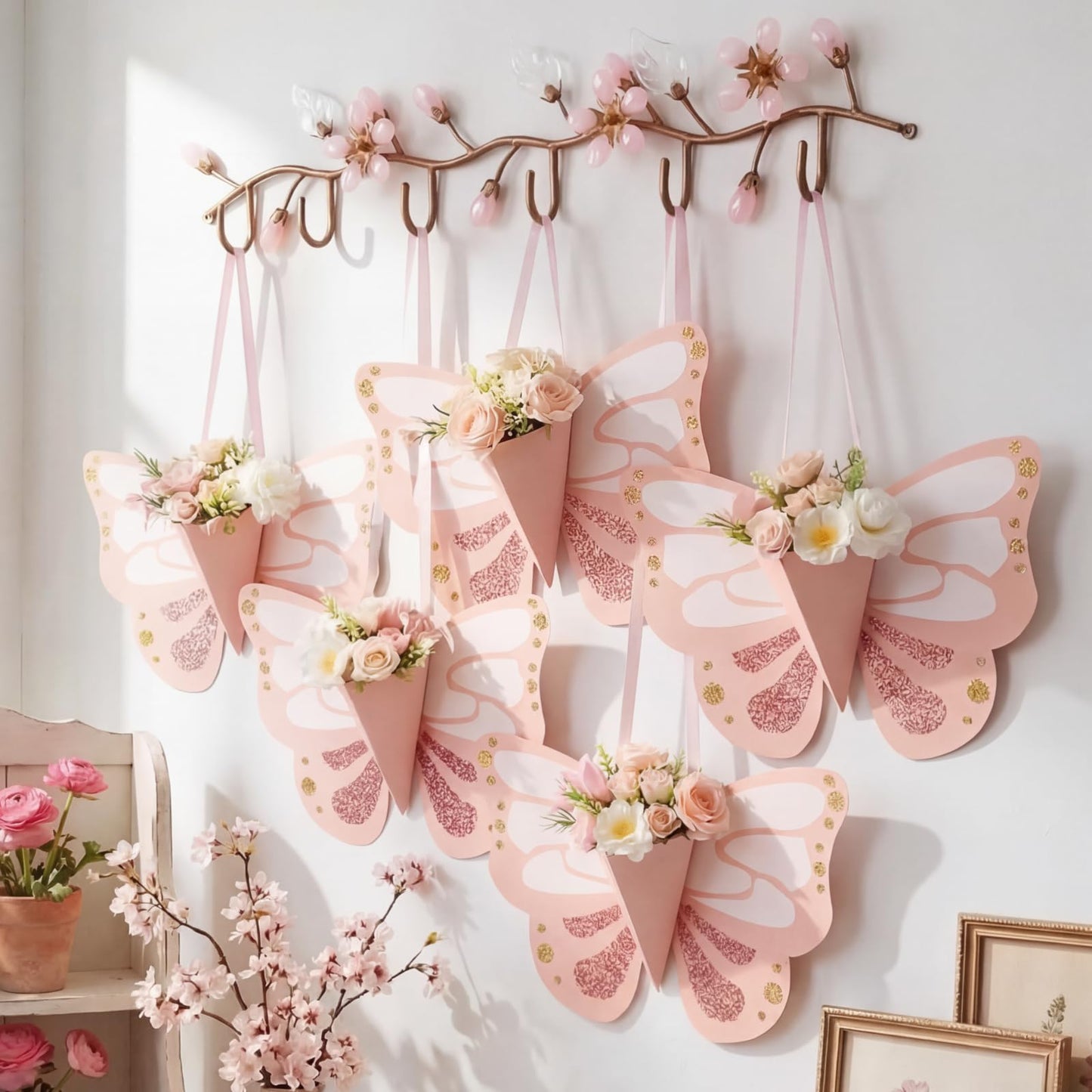 Tenceur 6 Pcs Flower Gift Bags DIY Butterfly Flower Bouquet Bags with Ribbon Pink Butterfly Shape Floral Wrapping Paper for Summer Birthday Wedding DIY Gift Bouquet Wrapping Party Supplies