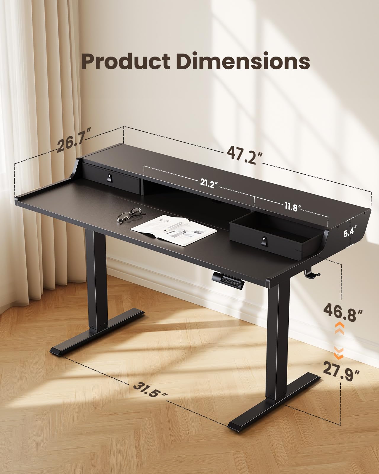 ErGear Electric Standing Desk with Drawers, 48″ x 24″ Gaming Table Compatible Monitor Stand, Stand up Desks, Home Office Height-Adjustable Desk with Storage Shelf, 4 Preset Heights, Black