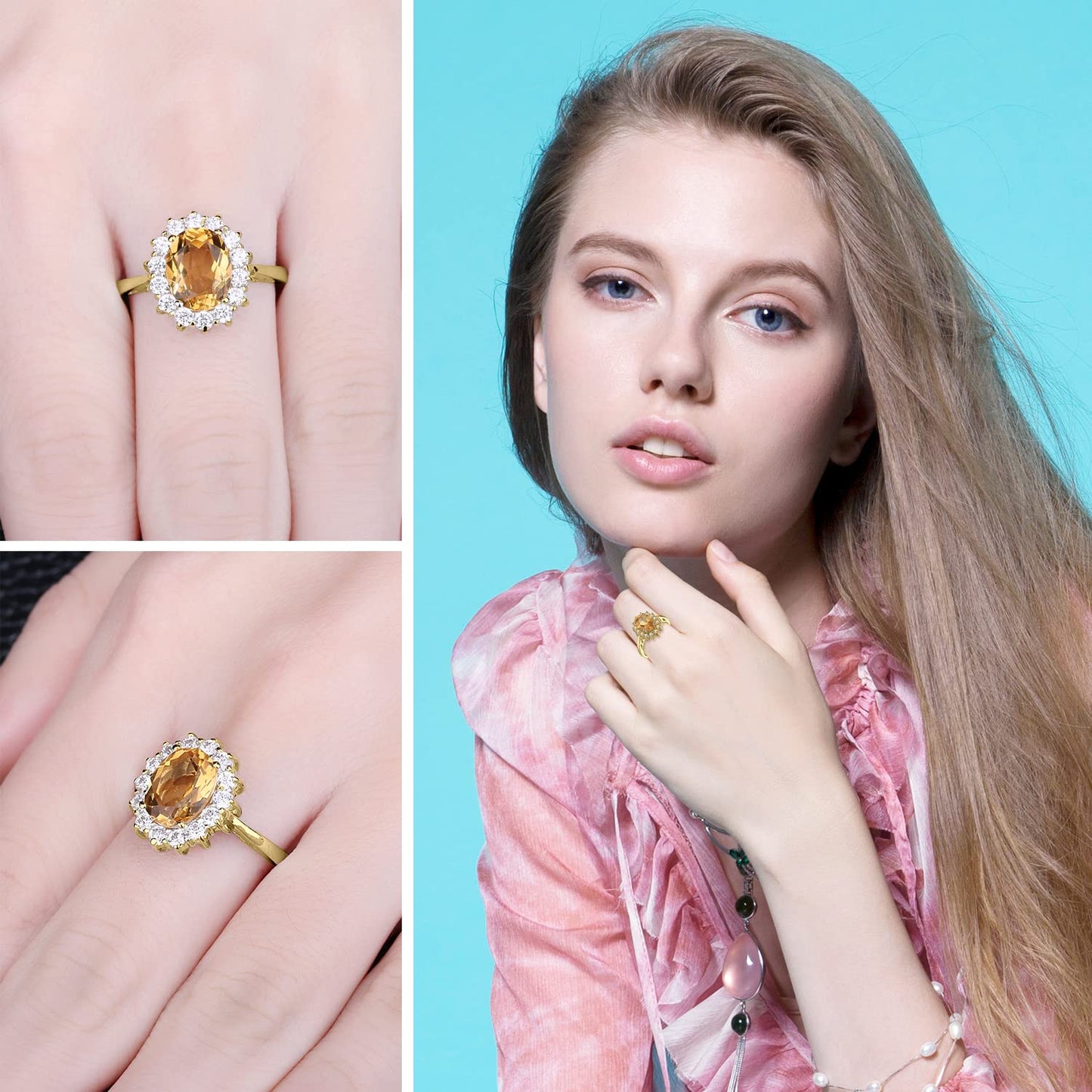 JewelryPalace Princess Diana Kate Middleton Gemstone Birthstone Yellow Amethyst Halo Statement Engagement Rings for Women, 14K Yellow Gold Plated 925 Sterling Silver Promise Rings for Her Size 10.5