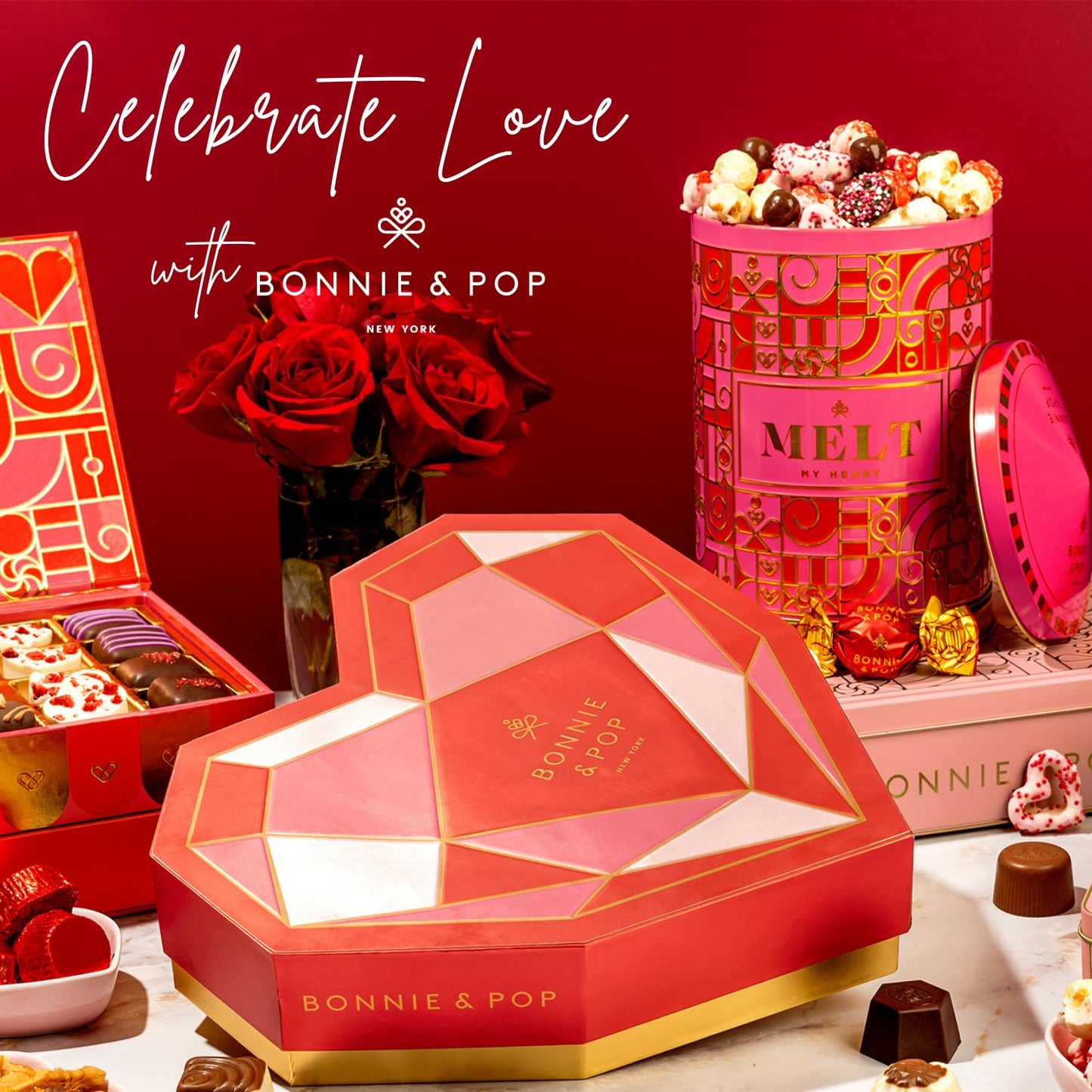 Gift Tin with Assorted Treats, Popcorn, Yogurt Heart Pretzels, Milk Chocolate Caramel Balls, Musical Present for Wife, Girlfriend, Romantic, Mom, Spouse, Plays La Vie En Rose- Bonnie and Pop