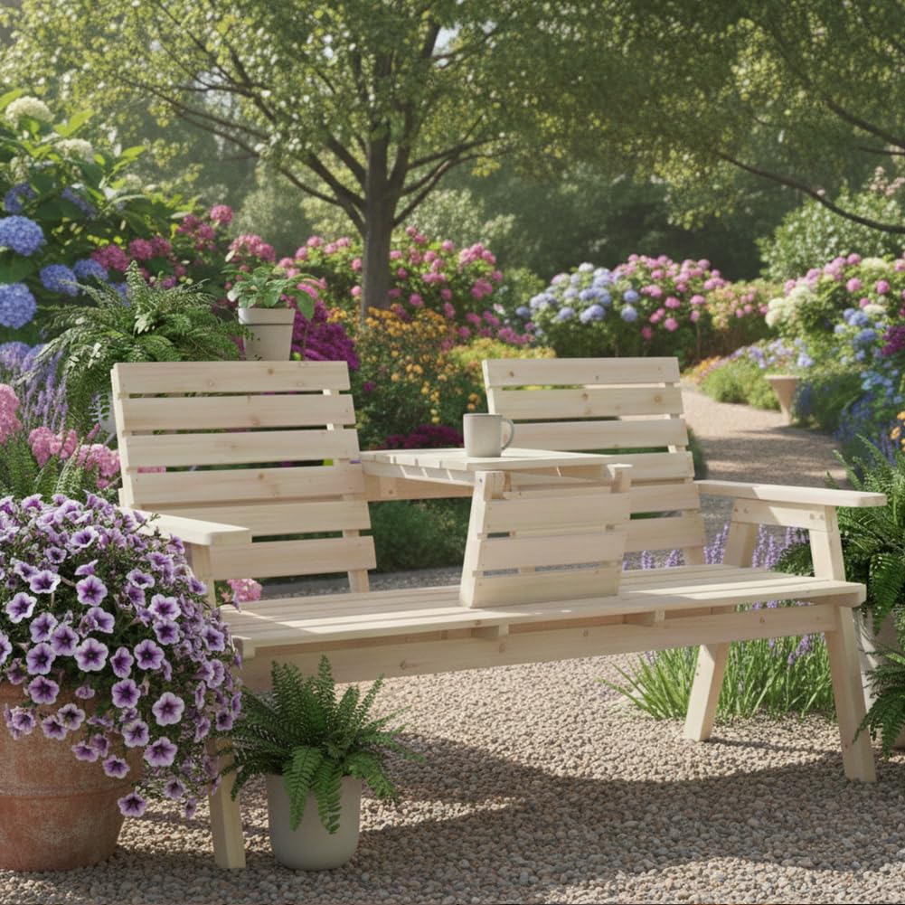FORTUNO Cedar/Fir Log Wood Patio Garden Bench with Foldable Table, Outdoor Wooden Porch 3-Seat Bench Chair for Garden Balcony Patio Backyard, Natural Finish