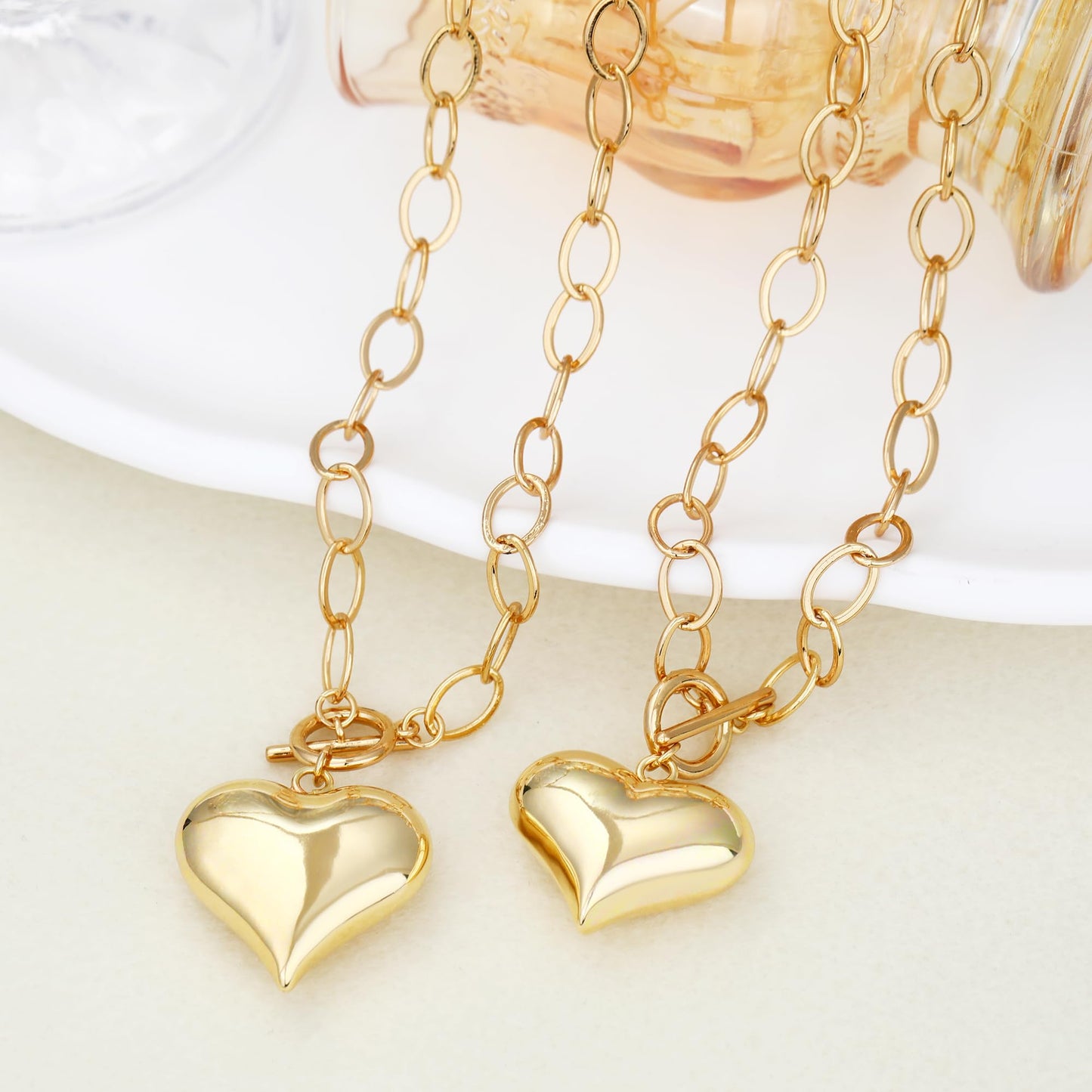 BONJOULRY Chunky Gold Bubble Heart Charm Toggle Necklace for Women, Gold Statement Thick Paperclip Link Chain Puffy Heart Pendant Choker Necklaces for Women Trendy Jewelry Cute 25MM
