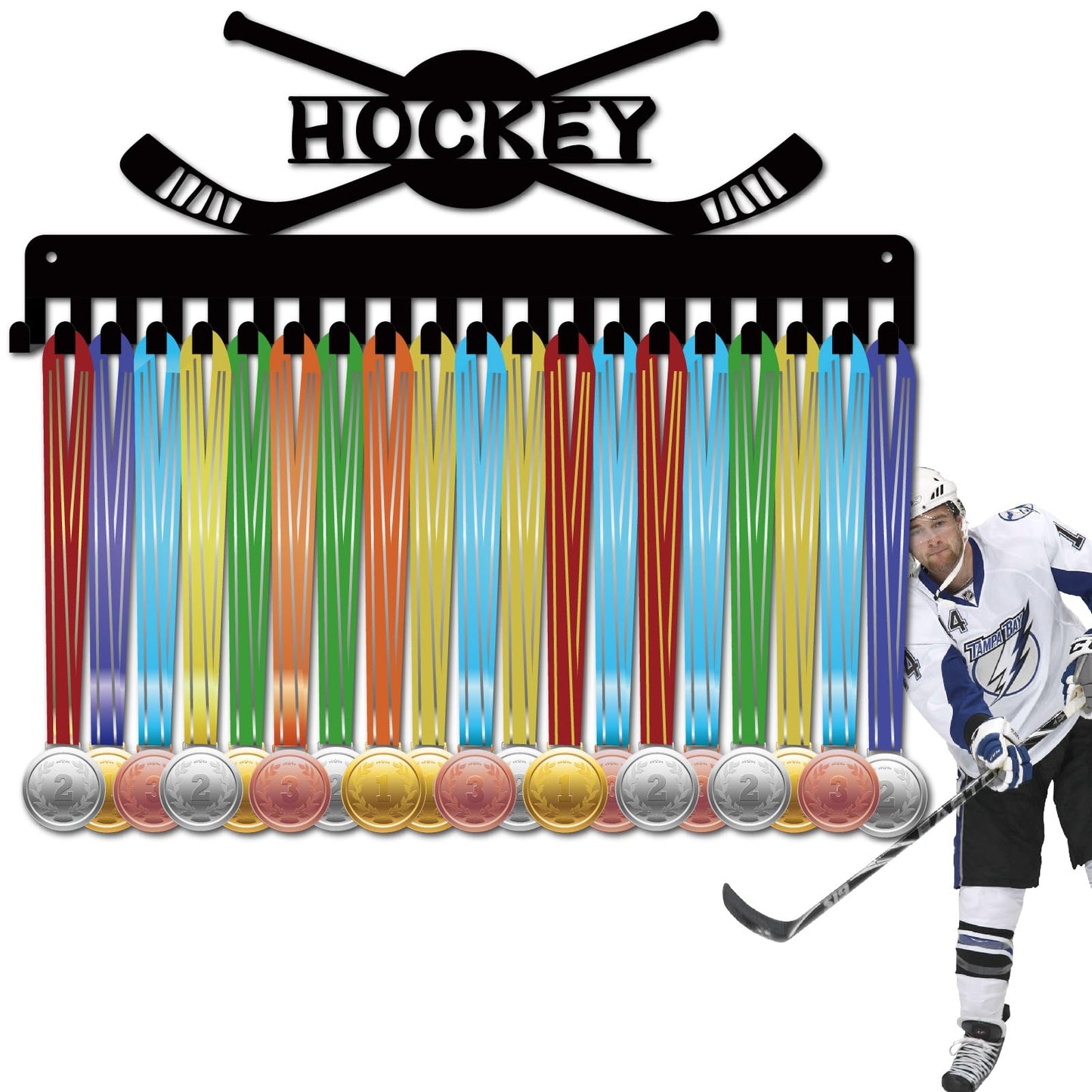CREATCABIN Hockey Medal Holder Medal Hanger Display Hangers Rack Sports Metal Hanging Athlete Awards Iron Wall Mount Decor with 20 Hooks for Wall Competition Ribbon Hockey Black 15.7 x 5.9 Inch