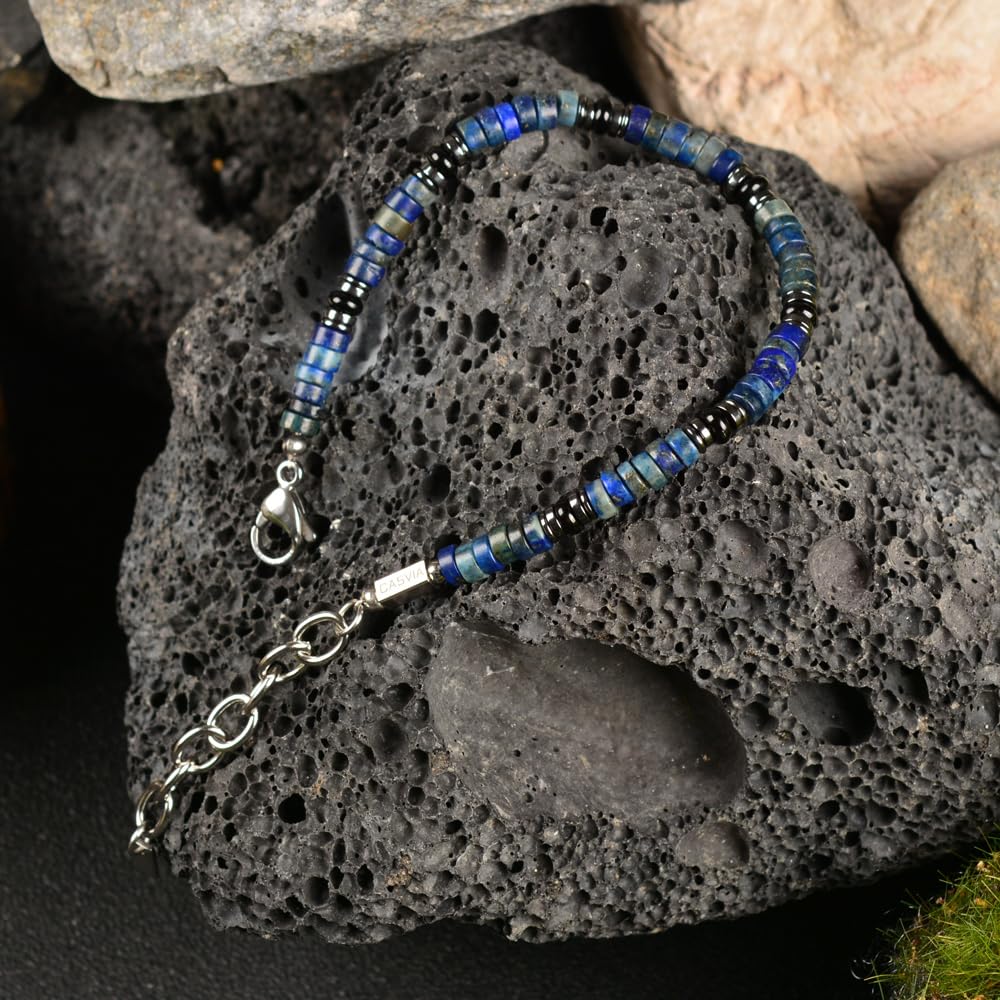Casvia Men's Lapis Lazuli Hematite & Black Agate Beaded Bracelet, Handmade Adjustable Stainless Steel Chain, Chakra Jewelry Gift for Dad Husband Boyfriend
