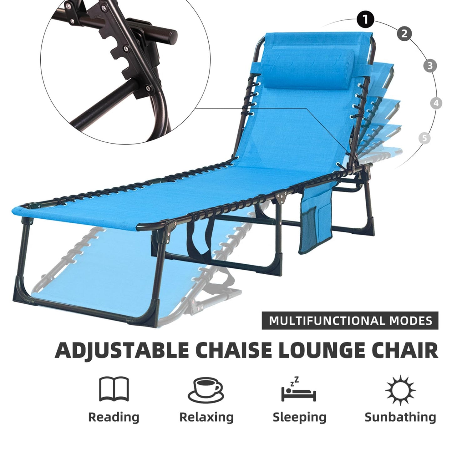 Foristrail Folding Chaise Lounge Chair Bed - Heavy-Duty 400lb Capacity Portable Adjustable Recliner w/Pillow for Patio, Pool, Camping, Sunbathing - Lay Flat Design (Blue)