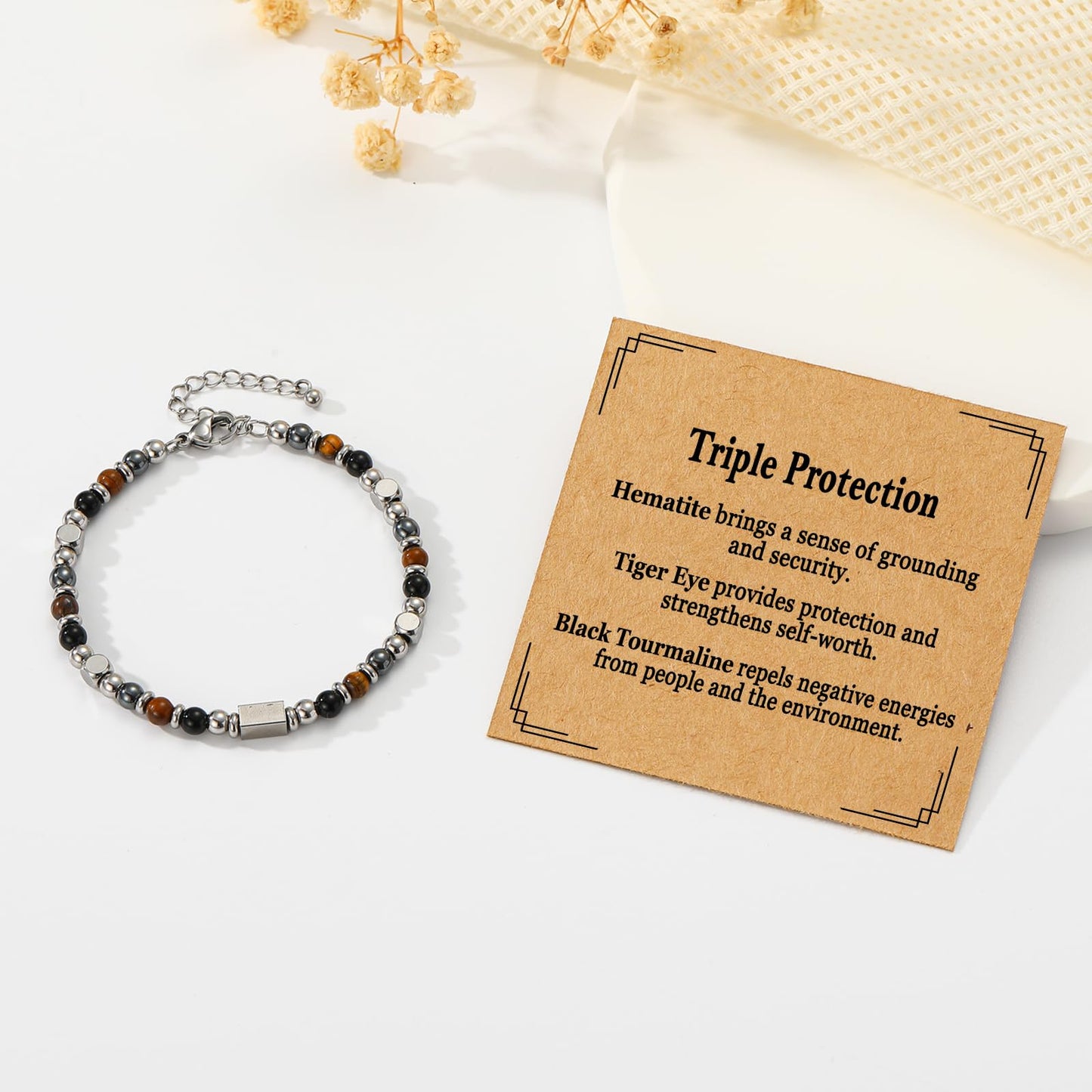 ESPVO Triple Protection Bracelet for Women Gifts Energy Hematite Black Tourmaline Tigers Eye Bead Crystal Healing Obsidian Guardian Piedra Turmalina Negra Jewelry Natural Stones Teens