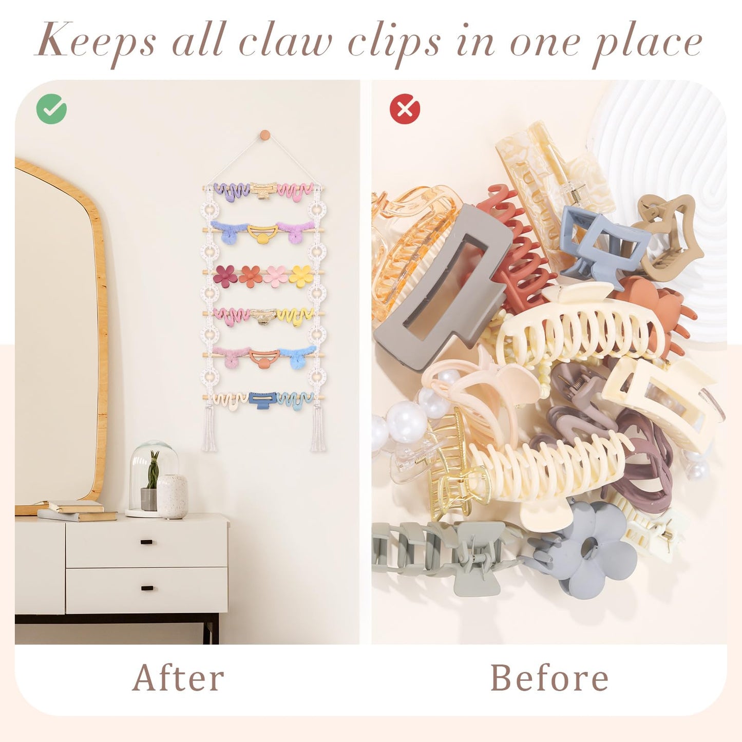 SNOWSTAR Macrame Hair Claw Clip Organizer,Hanging Hair Clip Holder and Storage for Women Girls,Claw Clip Hanger Home Decor for Wall,Door,Closet