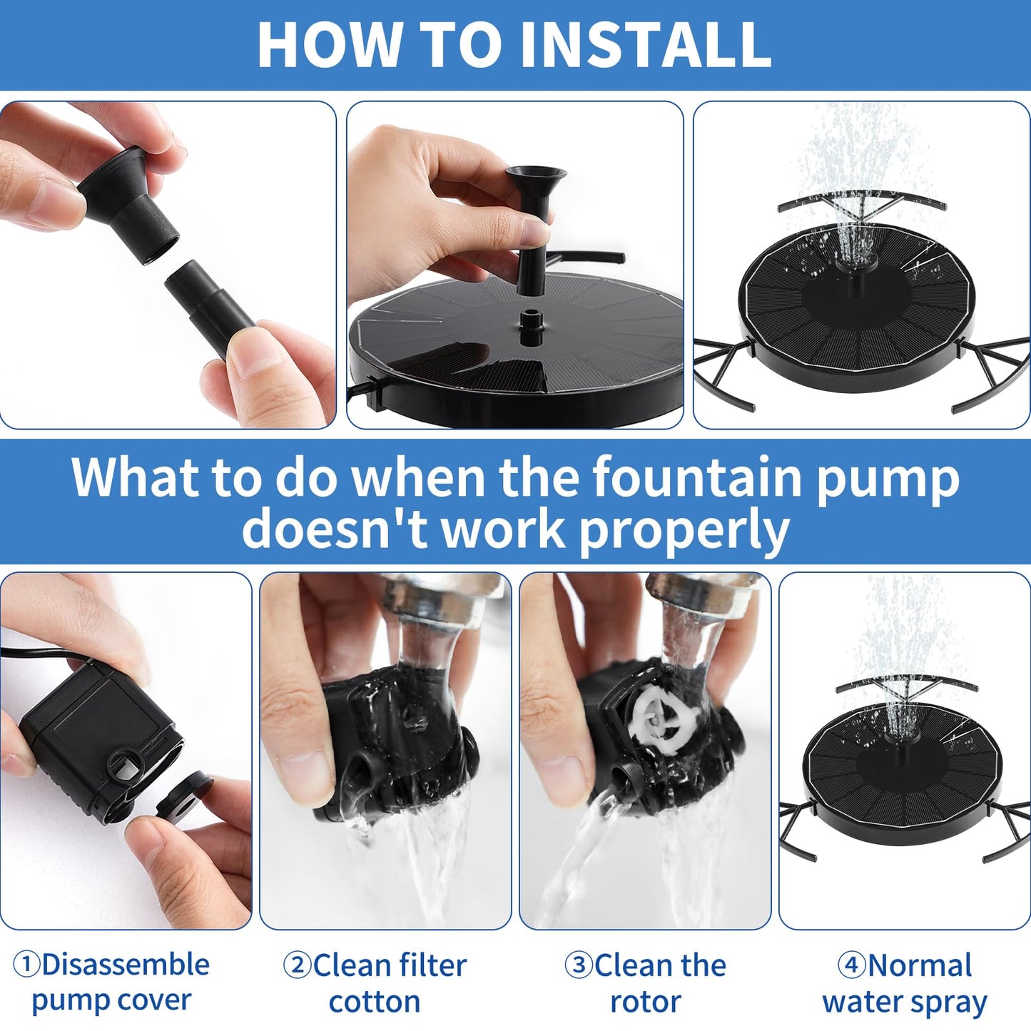 Pleneal 2W Solar Fountain Pump - Upgraded Solar Fountain for Bird Bath with 6 Nozzles, Outdoor solar Water Pump for Garden, Pond, Pool