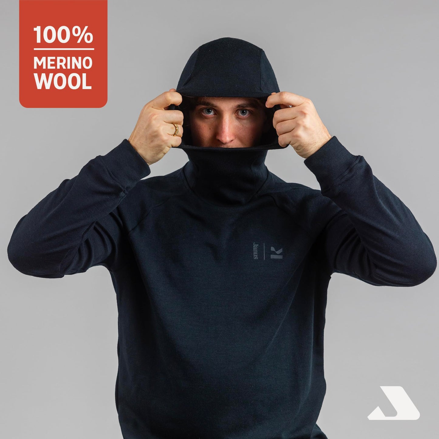 Janus Wool Kleveland Merino Base Layer - 100% Wool Fleece Hooded Sweatshirt - Men, Women, Teens - Winter Snowboarding Pullover - Brushed Interior - Under Helmet Warmth & Protection - Large Black