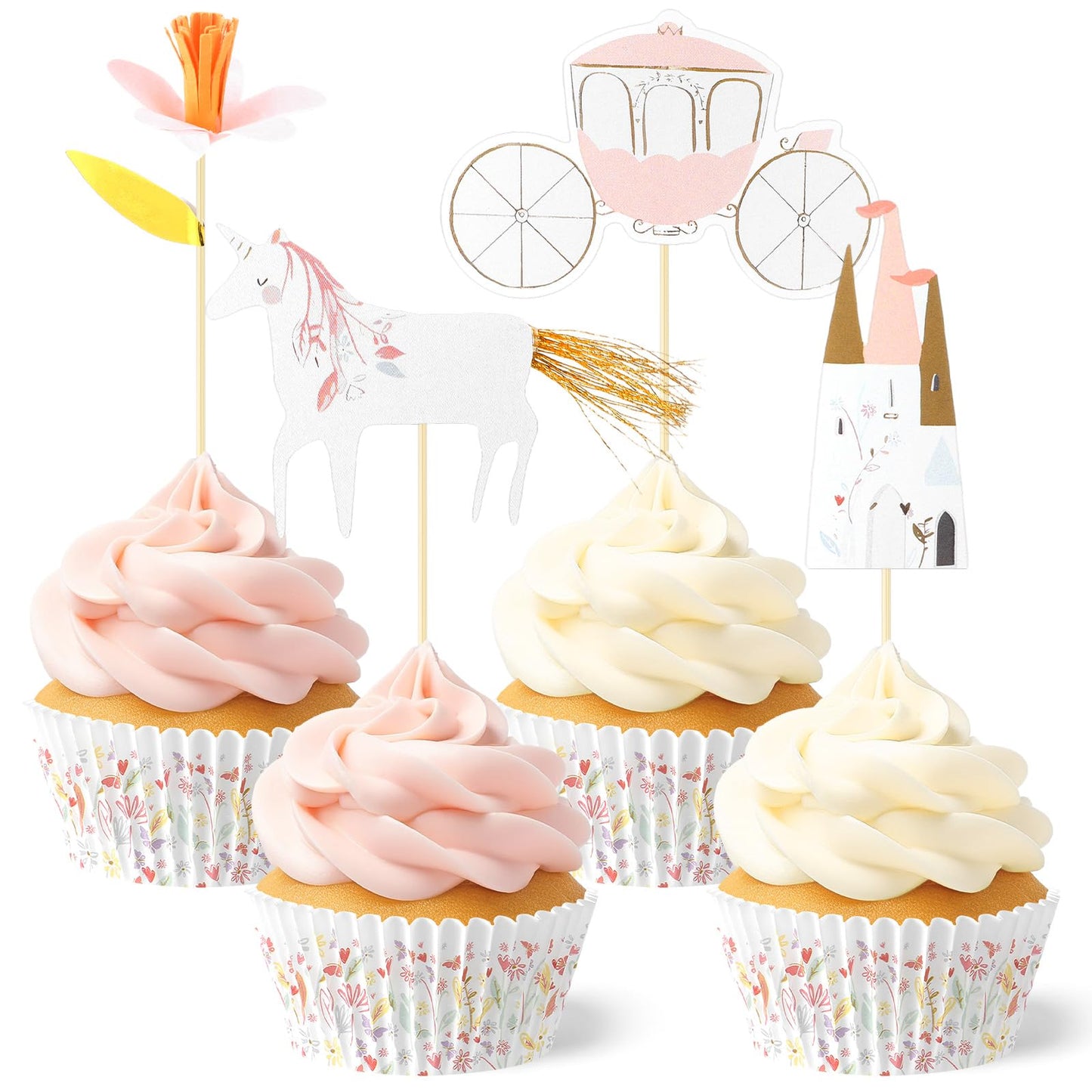 Humyoun 48 Pcs/24 Sets Unicorn Princess Cupcake Toppers Kit Includes 24 Cupcake Toppers and 24 Floral Cake Cup Unicorn Theme Party Supplies for Birthday Wedding Princess Theme Party Baby Showers