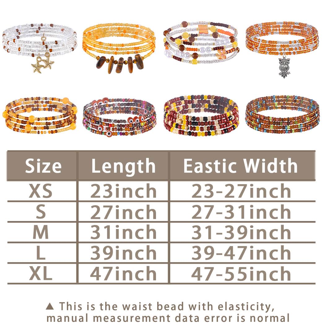 ELABEST 24-39inch African Waist Beads for Women 8Pcs Elastic Belly Beads Colorful Beaded Waist Jewelry Accessories Body Chain (Brown, 47.2inch/120cm)