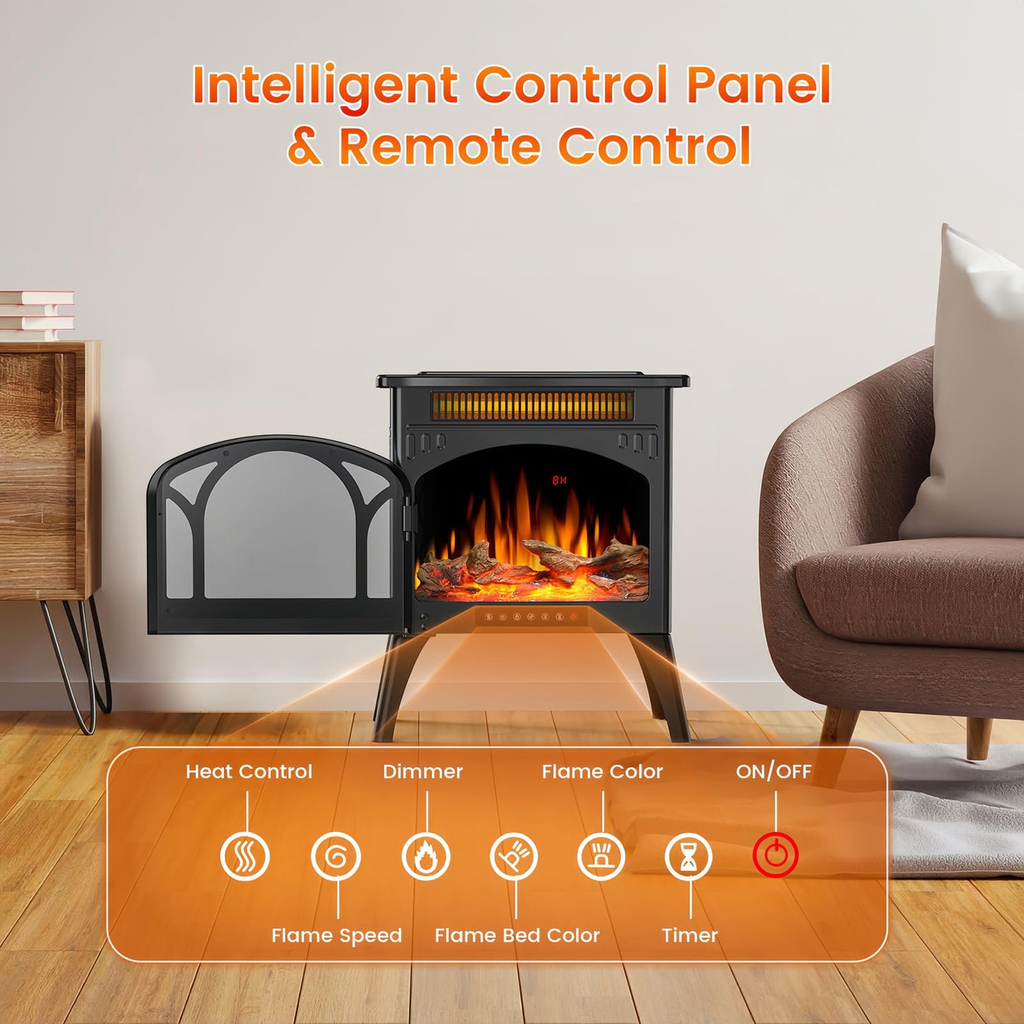 Electric Fireplace Stove, Fast Heating, 1500W X Infrared Fireplace Heater with 8H Timer, Remote Control, Freestanding Stove with Adjustable 3D Flame Overheat Protection, Indoor Fireplace