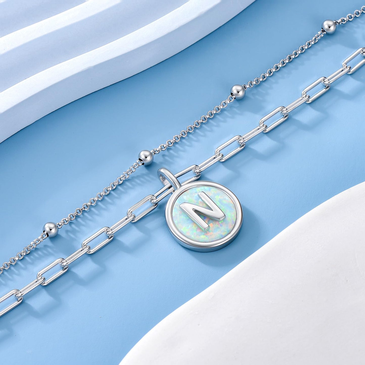 LWQQWL Initial N Bracelet for Women 925 Sterling Silver Layered Initial Bracelet Opal Letter 26 Alphabet Jewelry Christmas Gifts