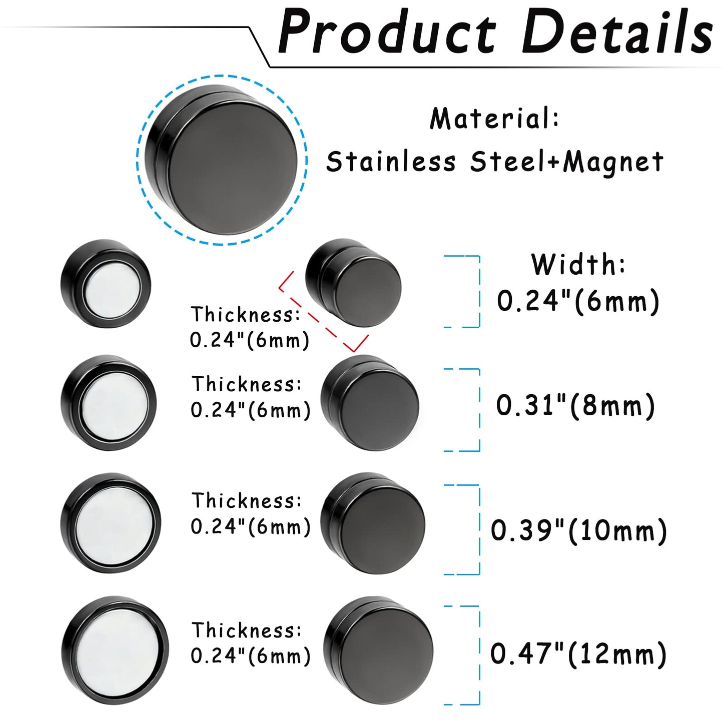Rofusn Punk 6mm Stainless Steel Black Non-piercing Clip On Fake Cheater Stud Earrings for Men Women