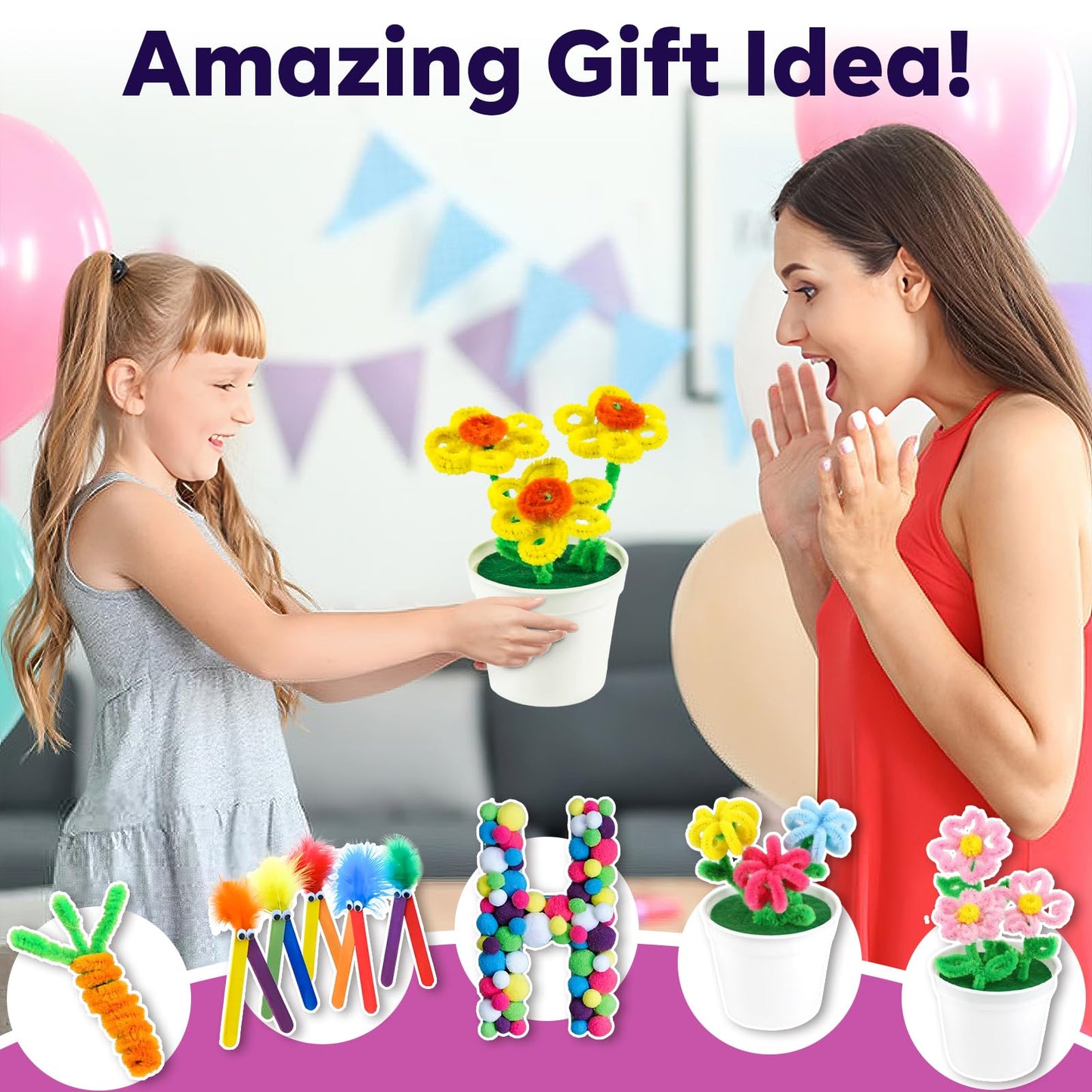 FUNZBO Arts and Crafts Supplies for Kids - Toddlers Craft Kit with Glitter Glue Stick, Pipe Cleaners, Pom Poms, Popsicle Sticks Tools, DIY School Supplies Kit, Birathday Gifts for Girls Boys Age 4+