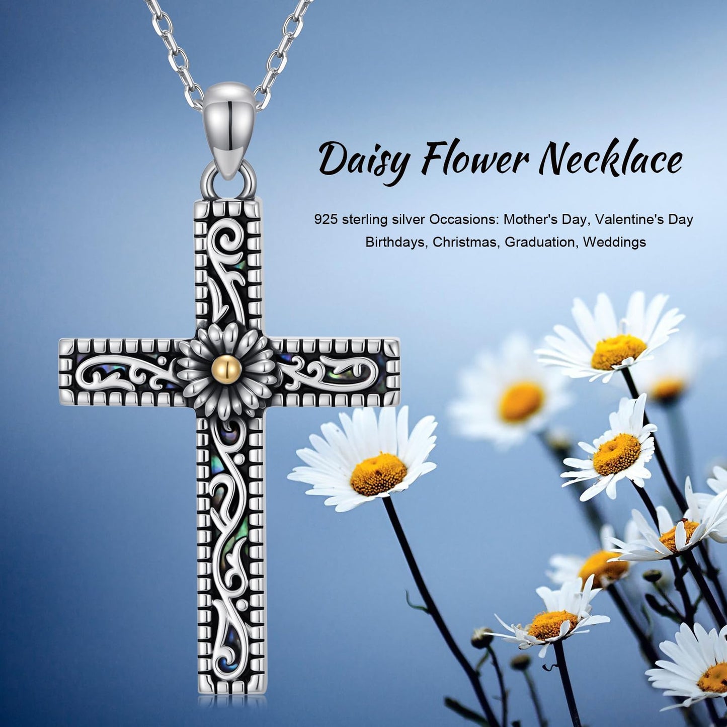 KoyeKei Daisy Necklace 925 Sterling Silver for Women Daisy Flower Cross Filigree Necklaces Pendant Christian Religious Abalone Jewelry Gifts for Mothers Day Birthday Mom Grandma Sister