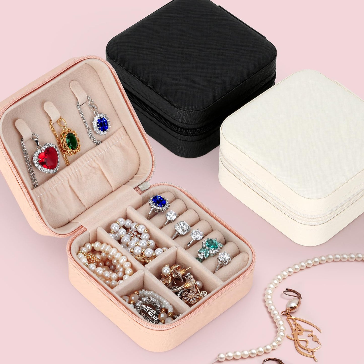LETURE 3 Pieces Small Jewelry Box Organizer for Women Travel, Portable Mini Travel Jewelry Organizer Display Storage Box For Rings Earrings Necklaces Gifts (BLACK+PINK+WHITE)