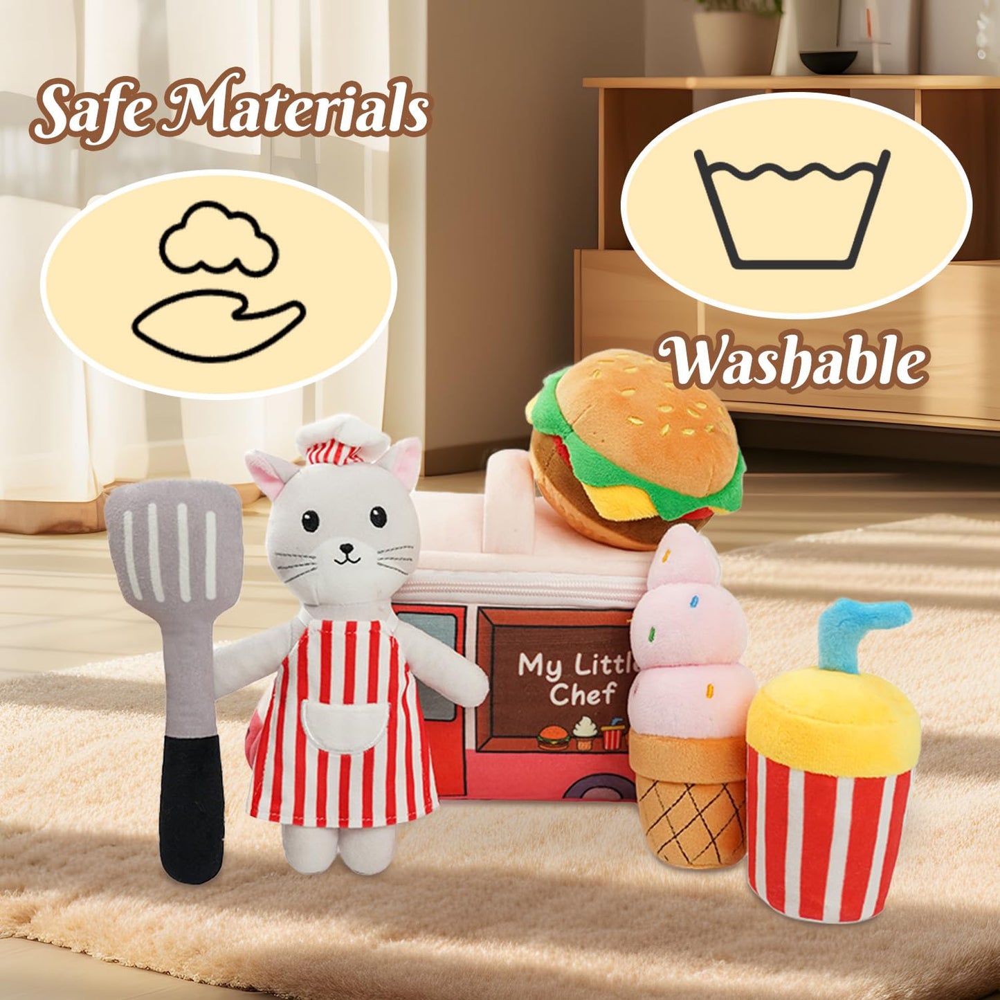 Cooking Play Set for Toddlers Cat Baby Toys 6-12 Months Interactive Stuffed Animal Plush Kitchen Pretend Toys for Girls Boys Gift Stuffed Teething Toy Infants Crinkle Sensory Toy Montessori(Kitten)