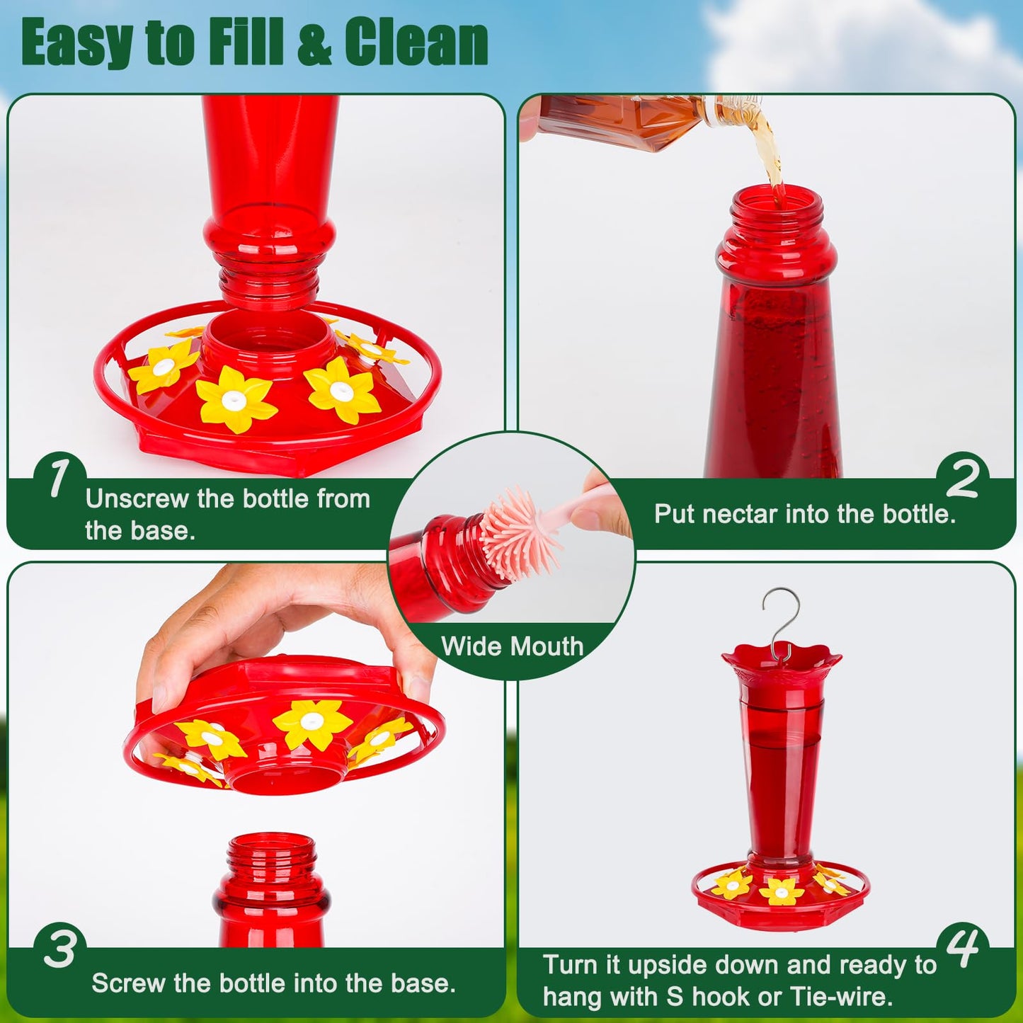 Gbekery 10 OZ Glass Hummingbird Feeders for Outdoors Hanging - Red 2 Pack, Ant & Bee Proof and 6 Feeding Ports, Garden Yard Dรฉcor Gifts for Mom