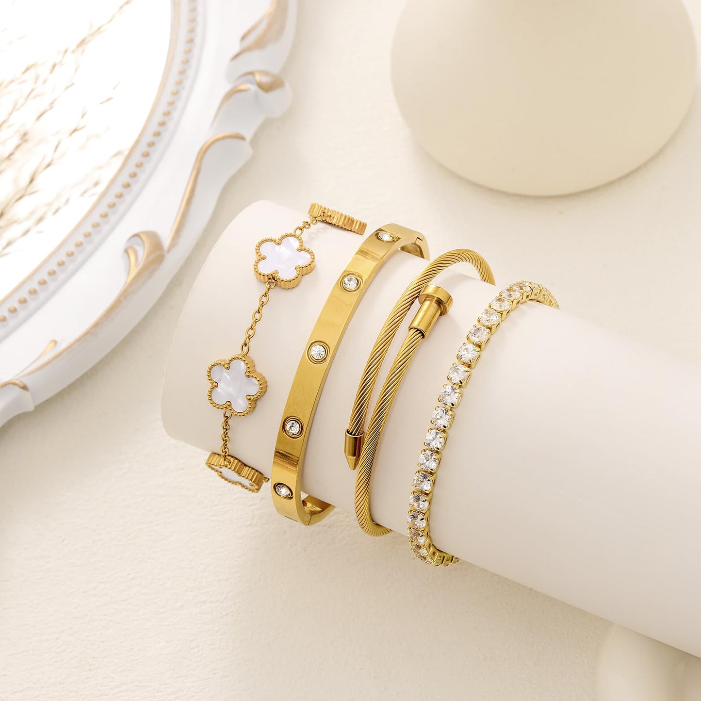 MEIERYA 18K Gold Plated Womens Stackable Floral Bracelets Set,Twisted Cable Bangle,Trendy Jewelry,Waterproof adjustable bracelet,Christmas Birthday Gifts for Girlfriend or Mother. (04-Color-white)