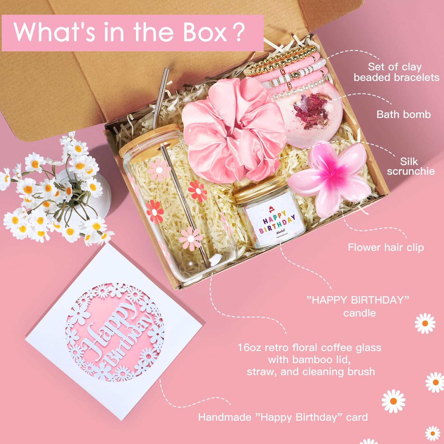 iAOVUEBY Birthday Gifts for Women, Teen Girl Gifts, Birthday Gift for Her, Happy Bday Gift Box for Girl, Women, Sister, Daughter, Best Friend, Friendship, Cute Daisy Glass Cup Set 7PCS, 16oz, Pink