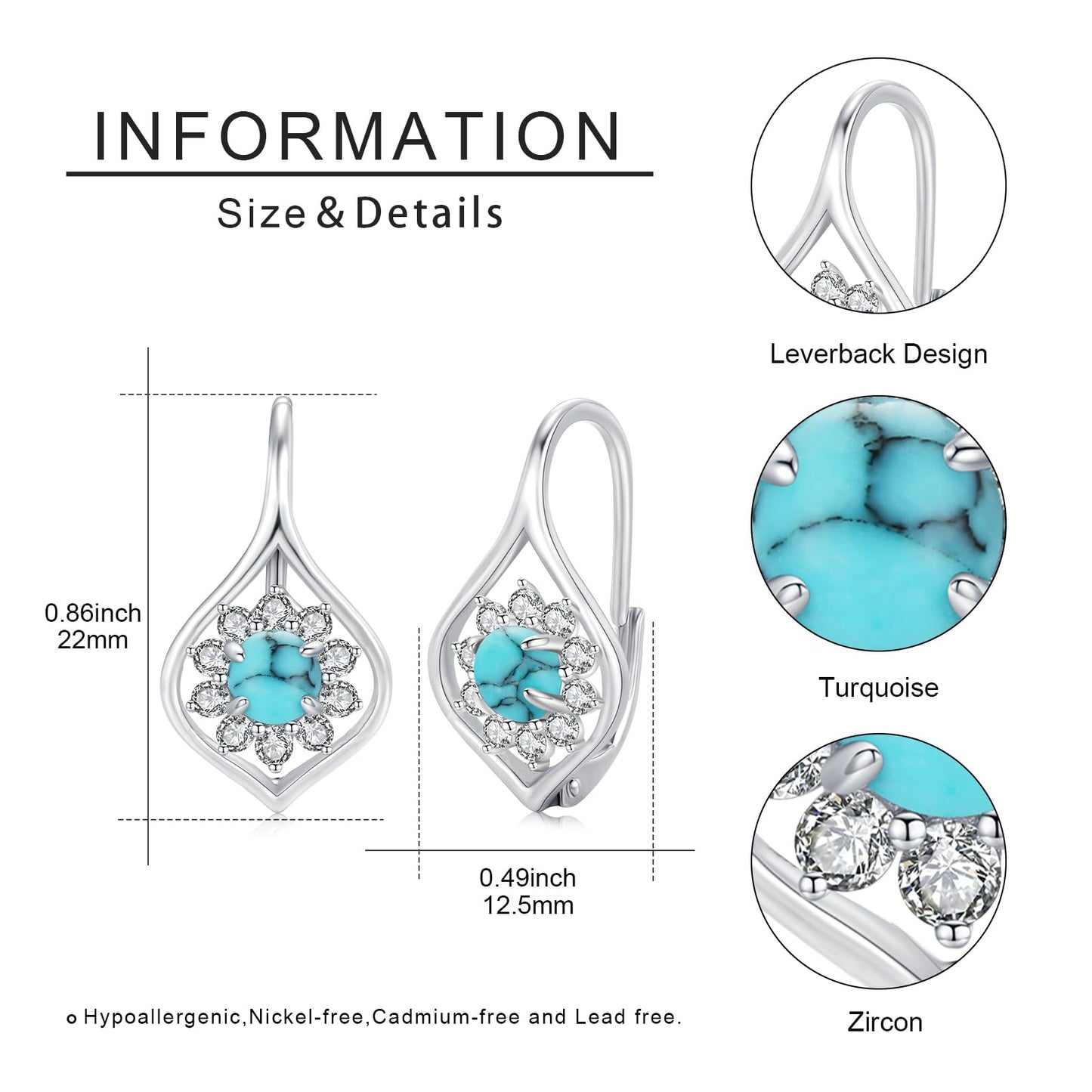 Turquoise Earrings 925 Sterling Silver Turquoise Bohemia Leverback Earrings Jewelry for Women Hypoallergenic Earrings for Sensitive Ears