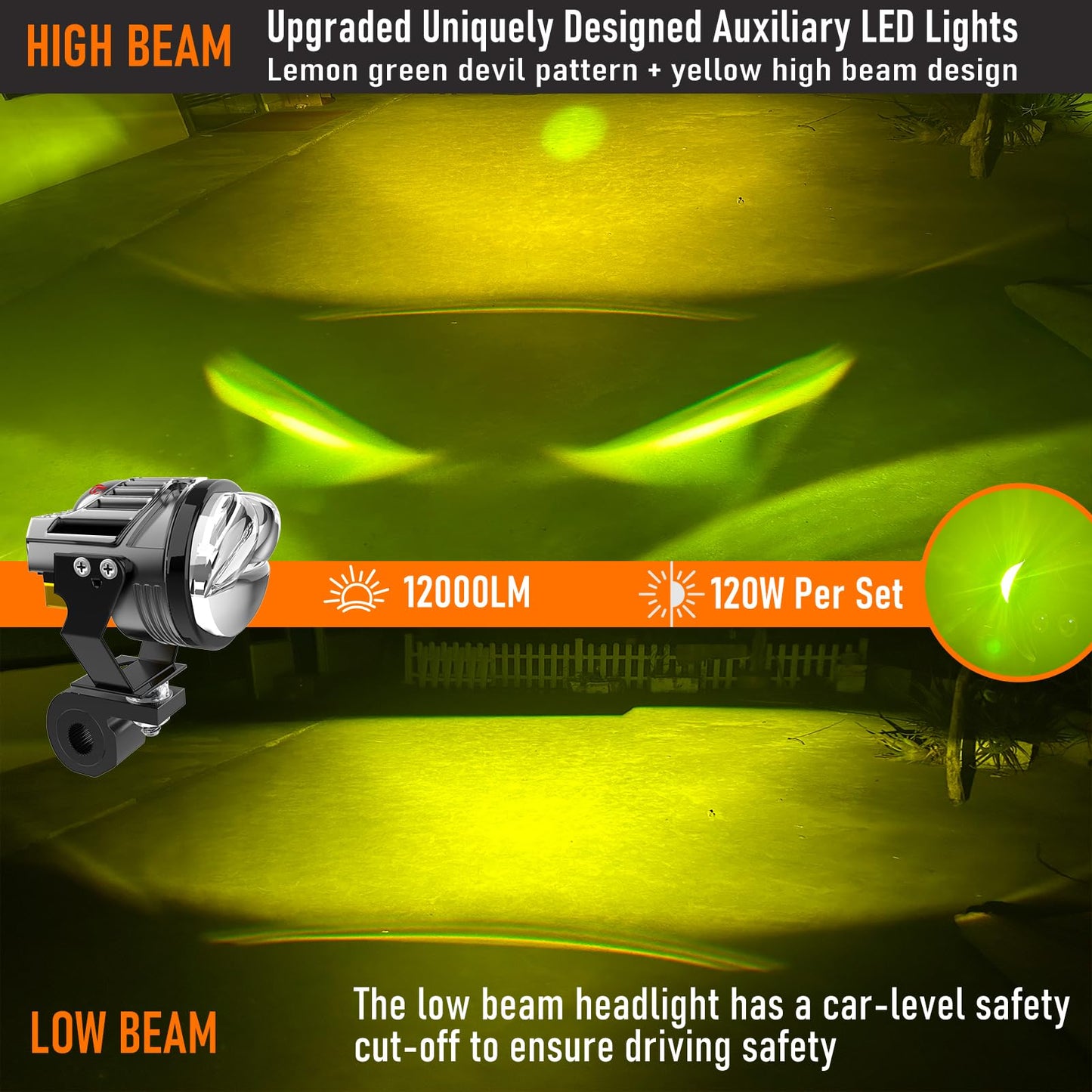 BOZCCZO Motorcycle Auxiliary LED Light Kit Driving Spotlights Lemon Green/Amber Fog Light with Mounting Bracket Remote Control Harness 120W Off-Road Work Compatible with Motorcycle J-eep Car Truck