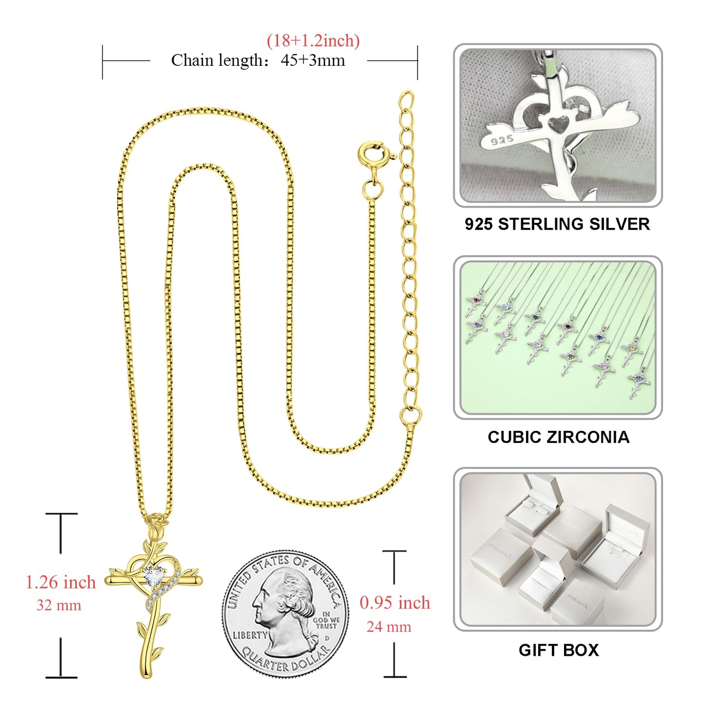 STARCHENIE Rose Cross Necklace, 925 Sterling Silver 14K Gold Plated, Cubic Zirconia Heart Pendant, Crucifix Jewelry Gift for Women