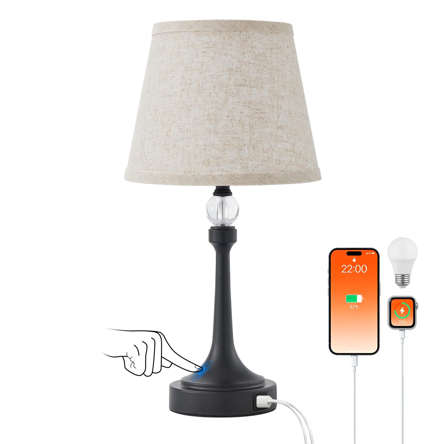 Leasgy 19.7'' Touch Table Lamps for Living Room, Small Lamp for Bedroom with USB C+A Ports, Dimmable Touch Lamps, Reading Desk Lamp for Office, Metal Bedside Lamps, Bulb Included, 1pcs, Black
