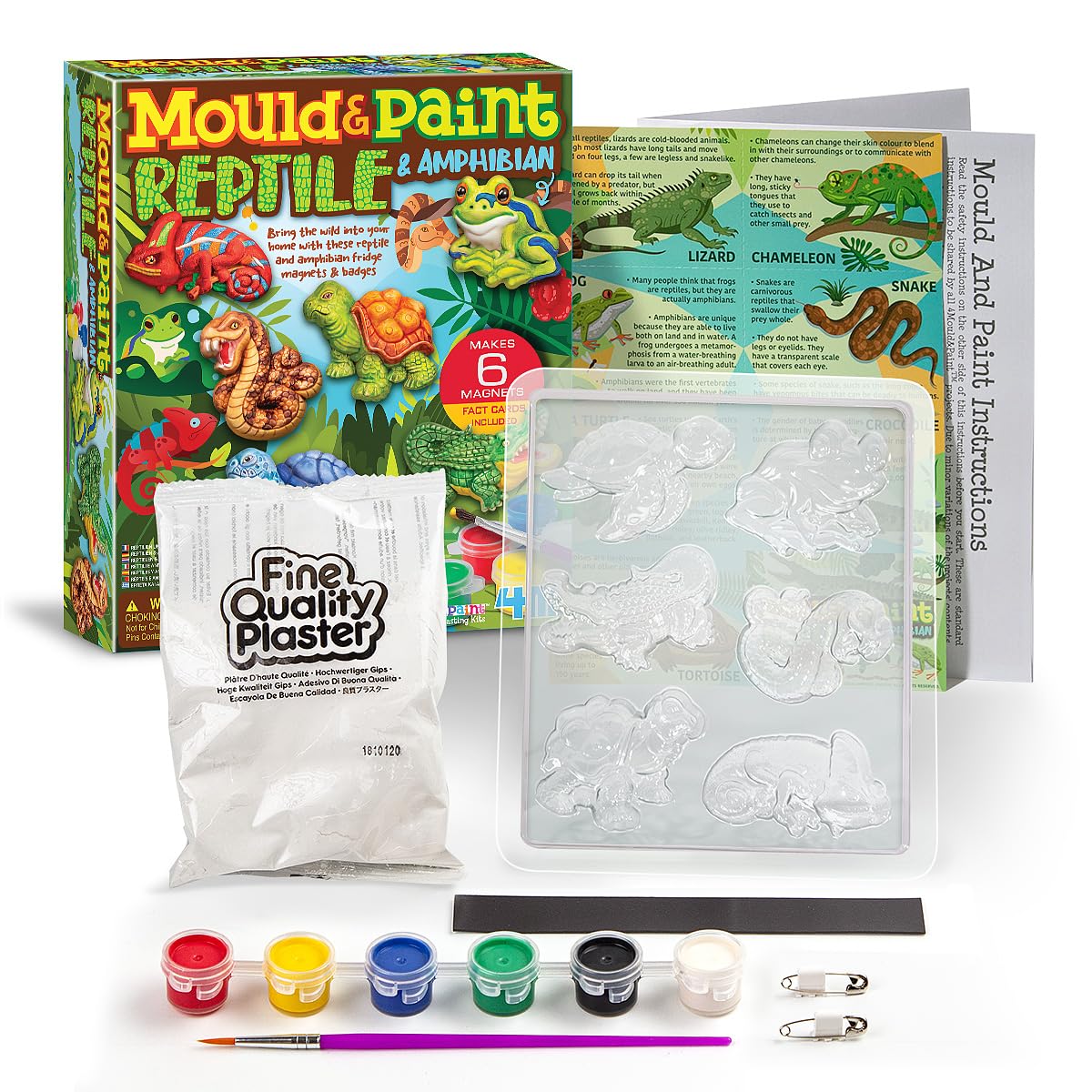 4M Mould & Paint Reptile & Amphibian, Arts and Crafts Kit to Create and Paint 6 Fridge Magnets or Badges, for Boys and Girls Ages 5-12 Years, Green