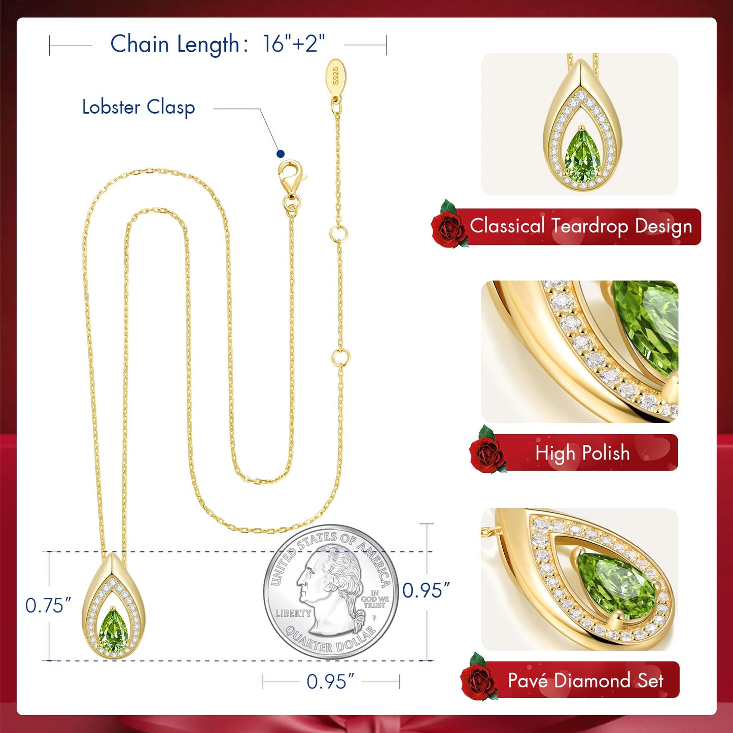 Kstyle 14k Gold Peridot August Birthstone Pendant Necklaces for Women Valentine's Day Birthday Gift Anniversary Jewelry for Wife Daughter Grandma Mom Sister Non Tarnish
