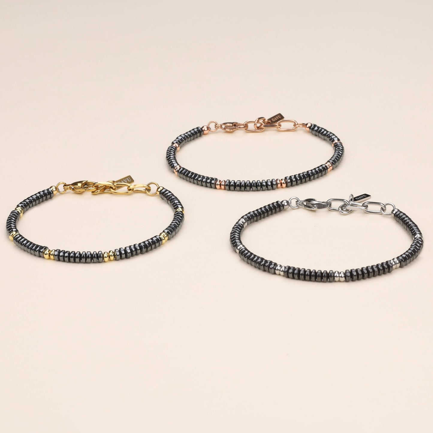 GAVU Crystal Jewelry, Stainless Steel Hematite Stone Beaded Bracelet for Men, 18K Gold-Plated Bracelet for Men
