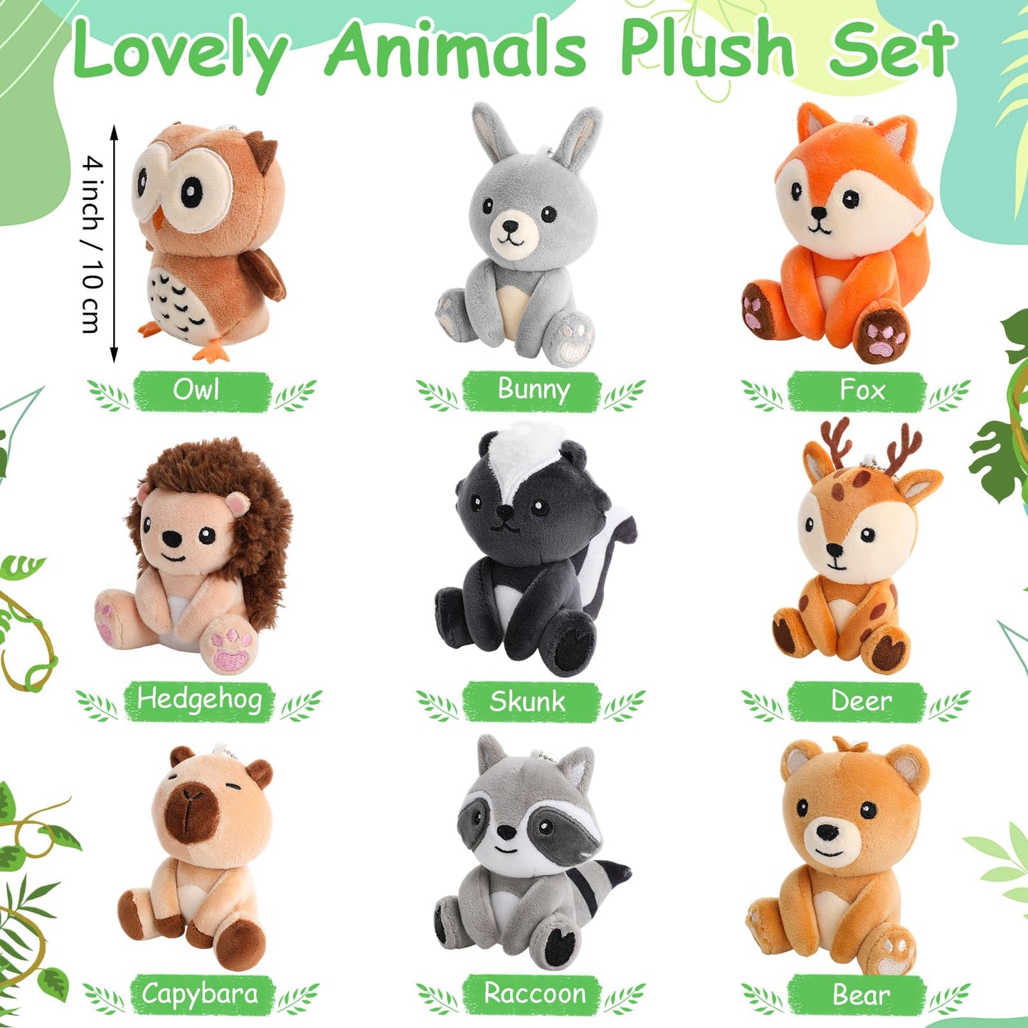 Aoriher 9 Pcs Small Forest Stuffed Animals Bulk 4 Inch Mini Woodland Plush Toys Deer Rabbit Owl Skunk Capybara Raccoon Hedgehog Brown Bear Fox for Kids Baby Shower Birthday Party Favors