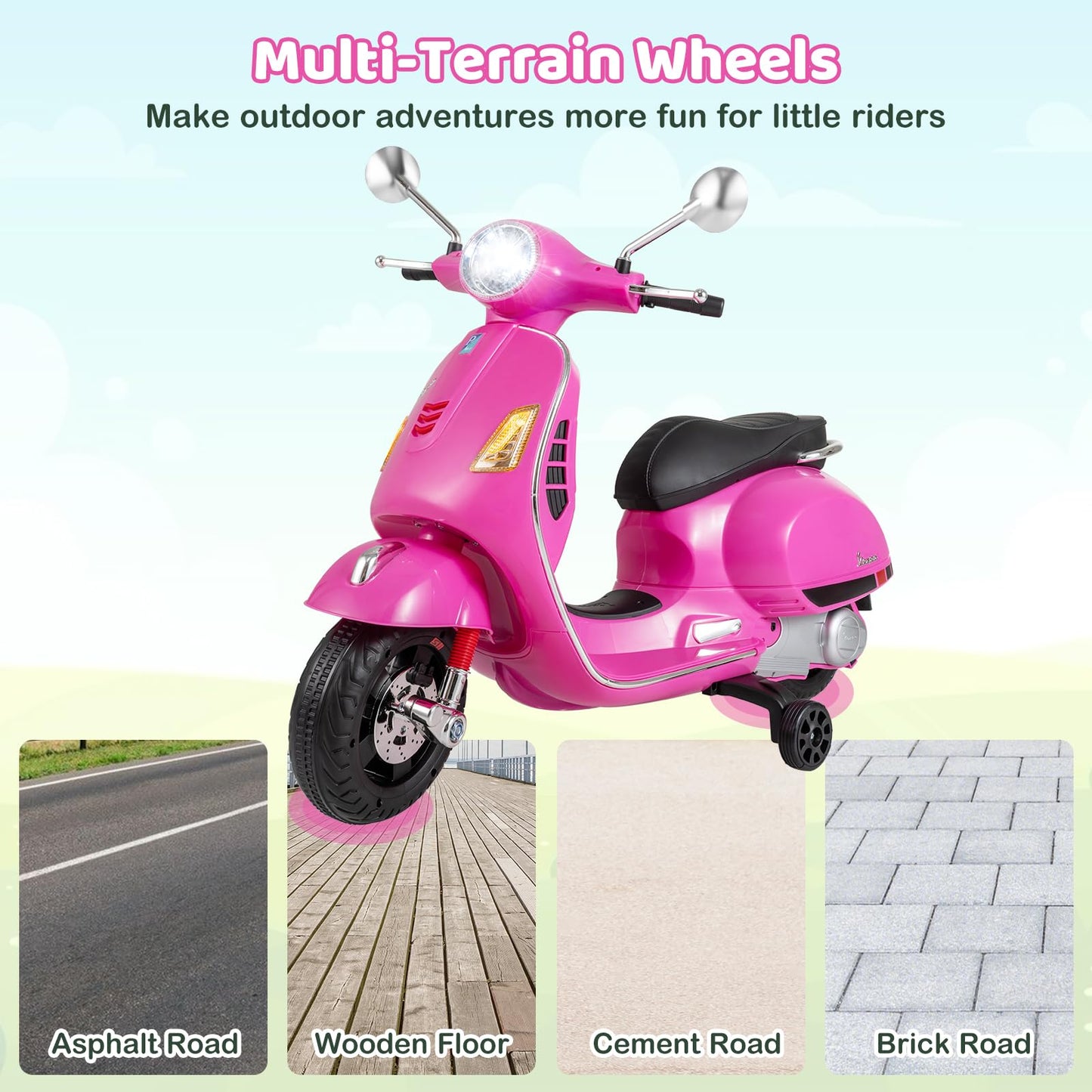 Costzon Toddler Motorcycle, 12V Licensed Vespa Ride on Motorcycle with Training Wheels, LED Headlight & Horn Sound, Ride on Toy, Battery Powered Motorbike, Gift for Boys & Girls (12V,Rose Pink)