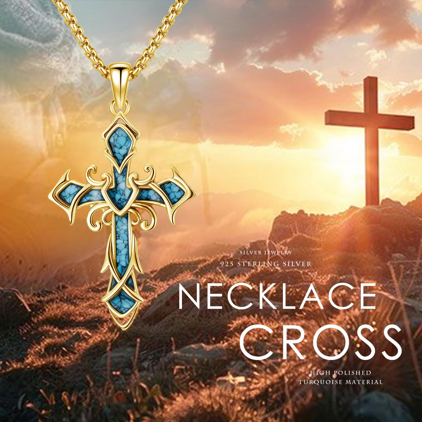 YEESIA Cross Necklace for Men Women, 925 Sterling Silver, Gold Cross Pendant Necklace with Turquoise, Christian Jewelry, Gift for Men Women