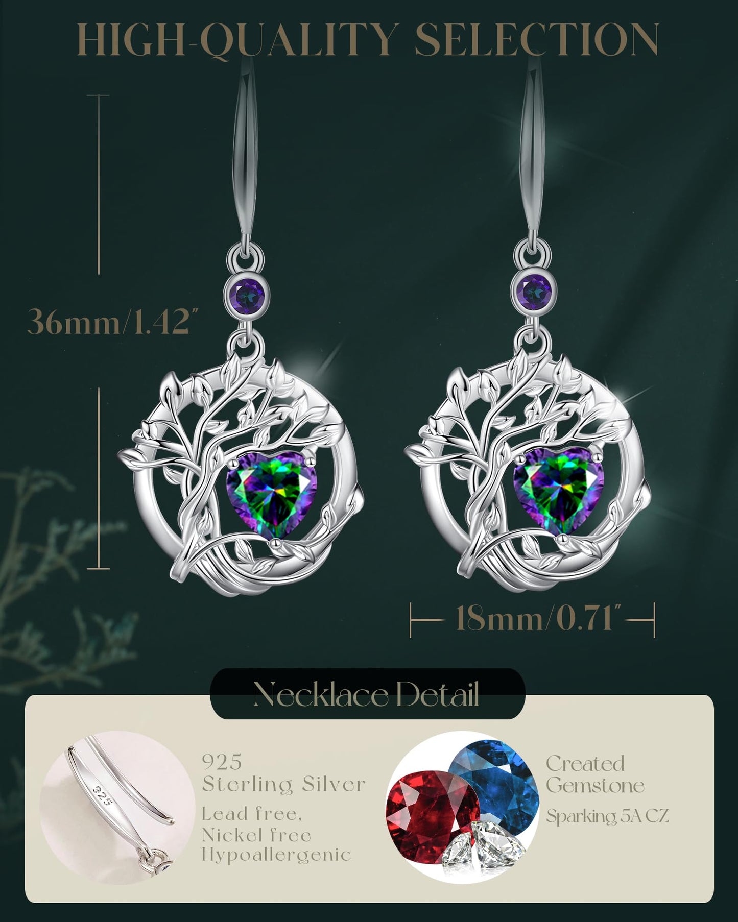 FANCIME Tree of Life Earrings 925 Sterling Silver Dainty Alexandrite Dangle Drop Gemstone Earring June Birthstone Fine Jewelry Birthday Graduation Mothers Day Gifts for Women Mom Her
