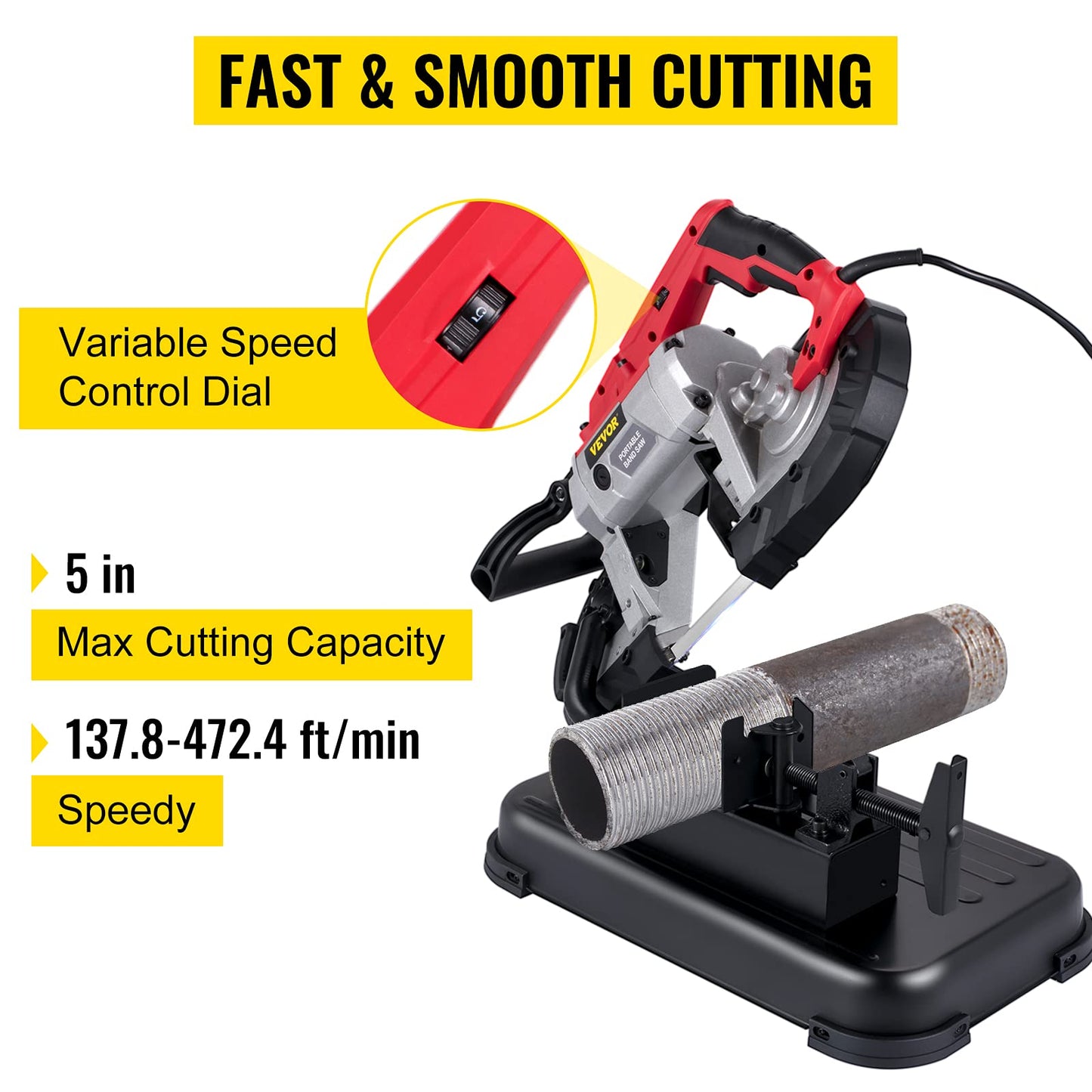 VEVOR Portable Band Saw, 110V Removable Alloy Steel Base 5 Inch Cutting Capacity Hand held Variable Speed Portable Bandsaw, 10Amp Motor Deep Cut Band saw for Metal Wood