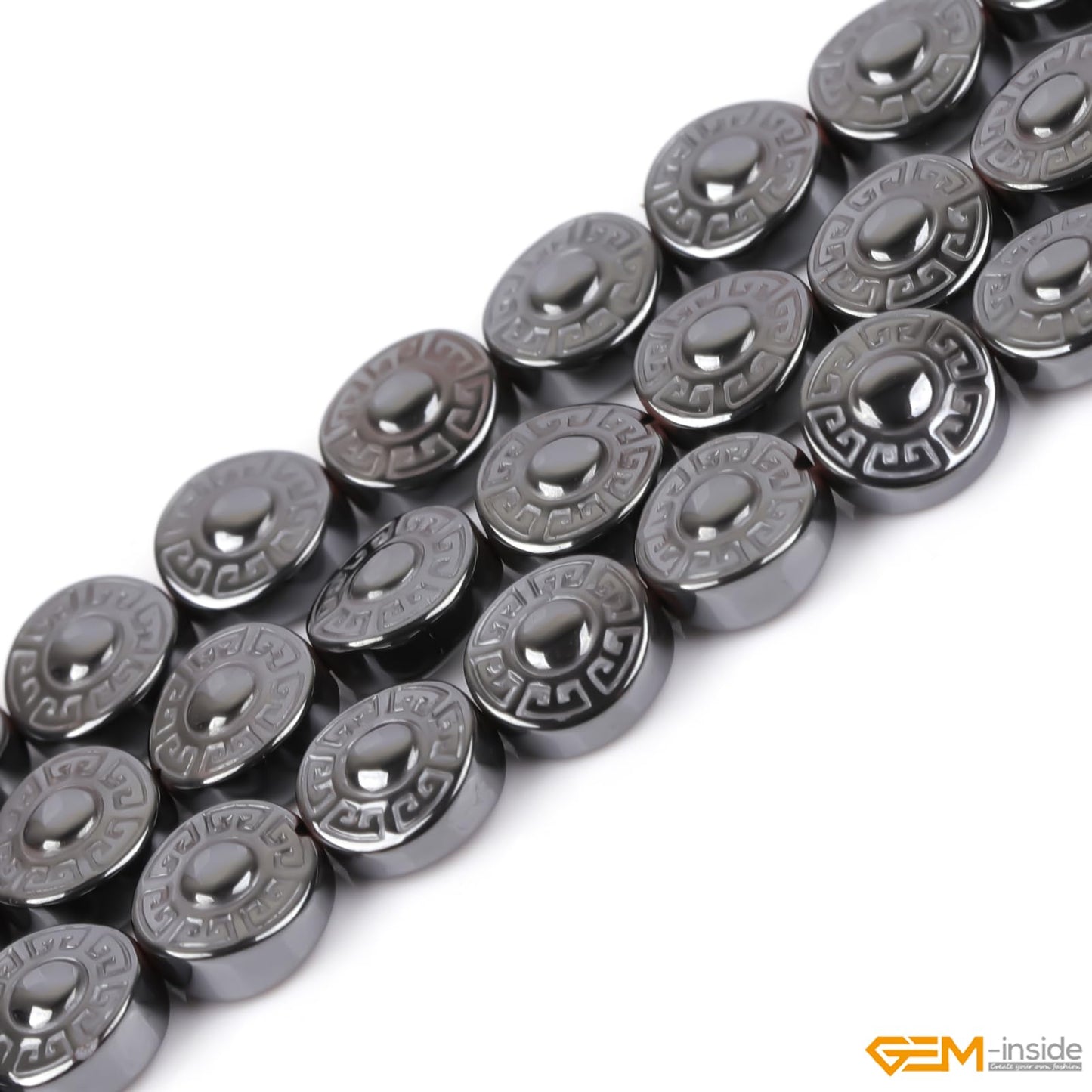 GEM-Inside 46pcs 8mm Natural Black Hematite Double Side Carved Maya Sun Sign Coin Beads for Bracelet Necklace Jewelry Making Power Energy Chakra Beads