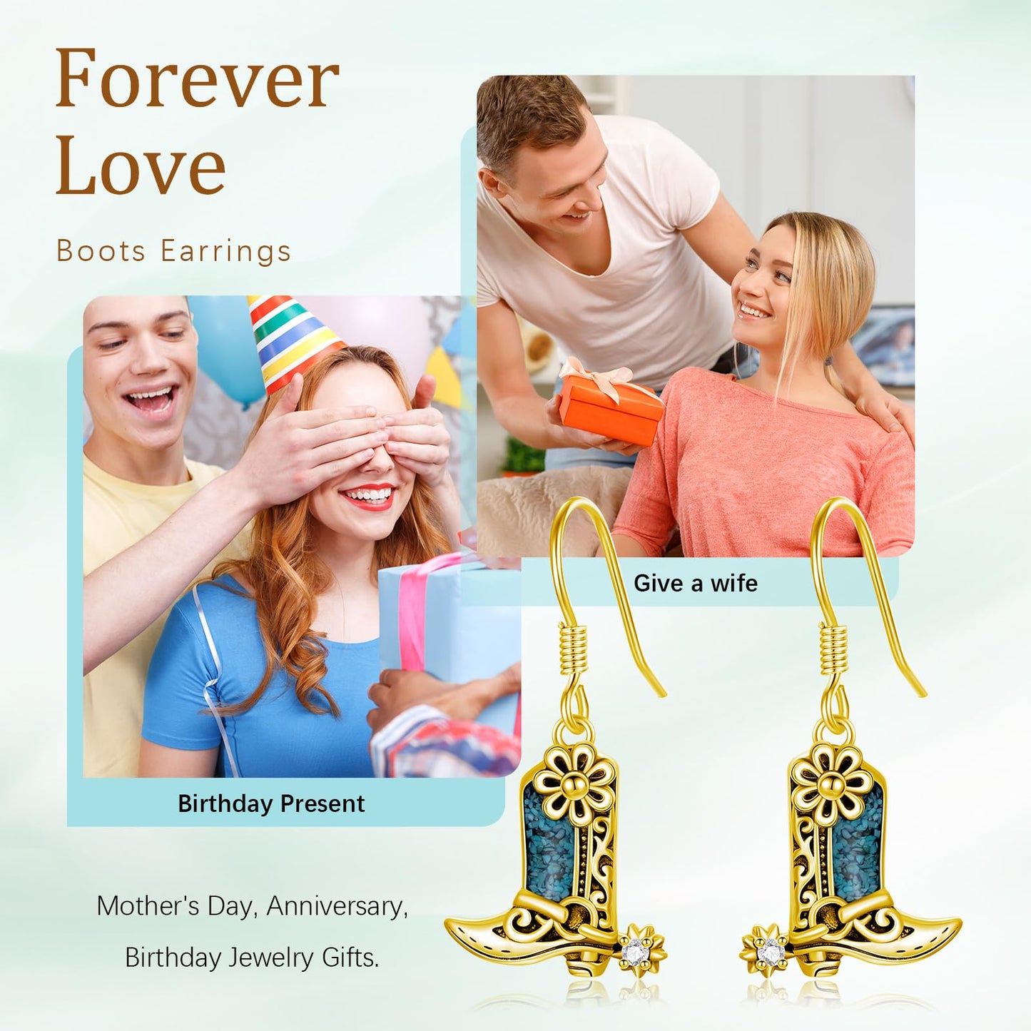 KoyeKei Gold Cowboy Boot Earrings 925 Sterling Silver Cowgirl Texas Boot Dangle Drop Earrings Western Turquoise Jewelry Country Gifts for Women