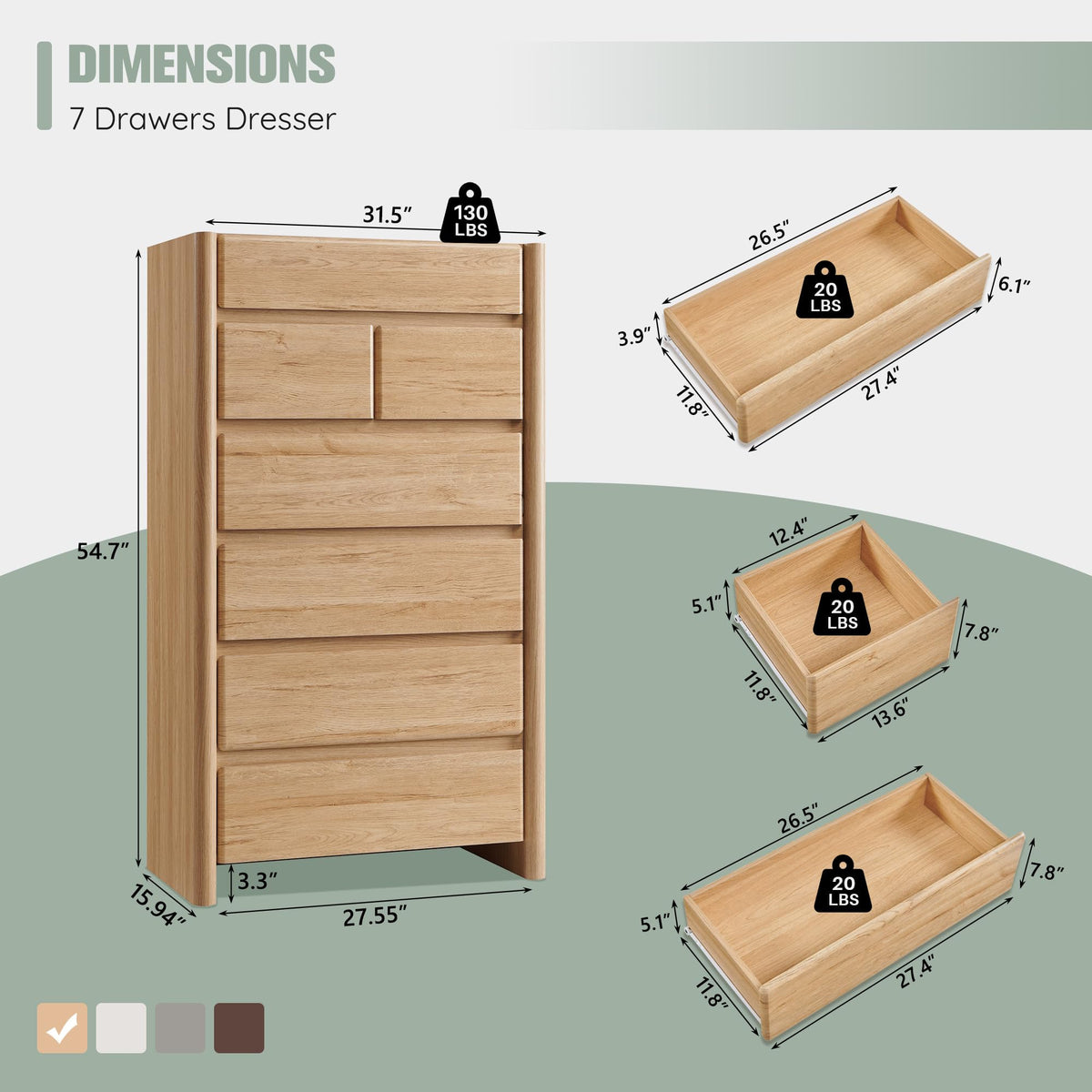 wow97e Modern 7 Drawers Dresser for Bedroom, 54.7" Tall Large Dresser & Chests of Drawers w/Rounded Corner, Wood Handleless Organizer Dresser w/Natural Texture for Bedroom, Living Room-Natural