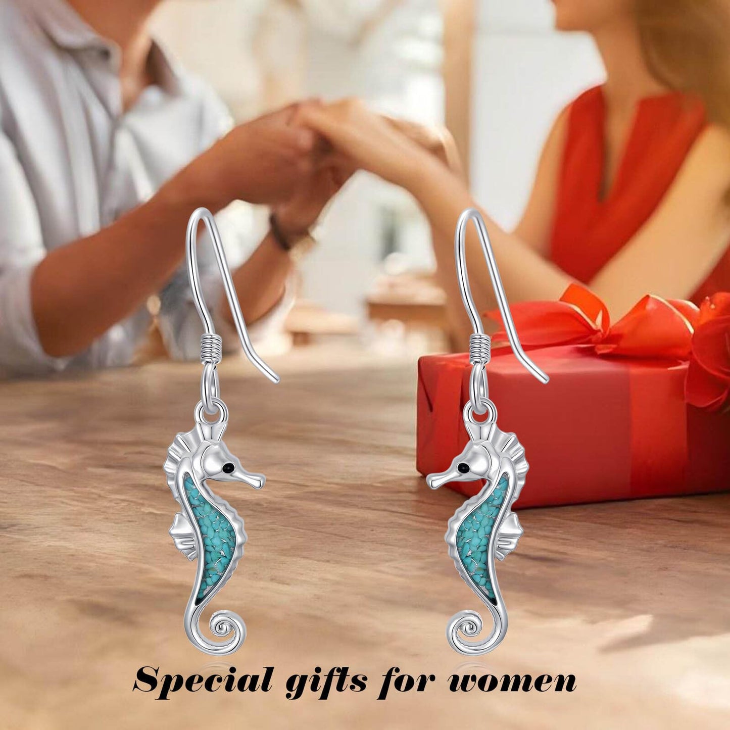 HPQQ Seahorse Earrings 925 Sterling Silver Turquoise Seahorse Dangle Earrings Ocean Beach Themed Jewelry Mother's Day Jewelry Gifts for Women
