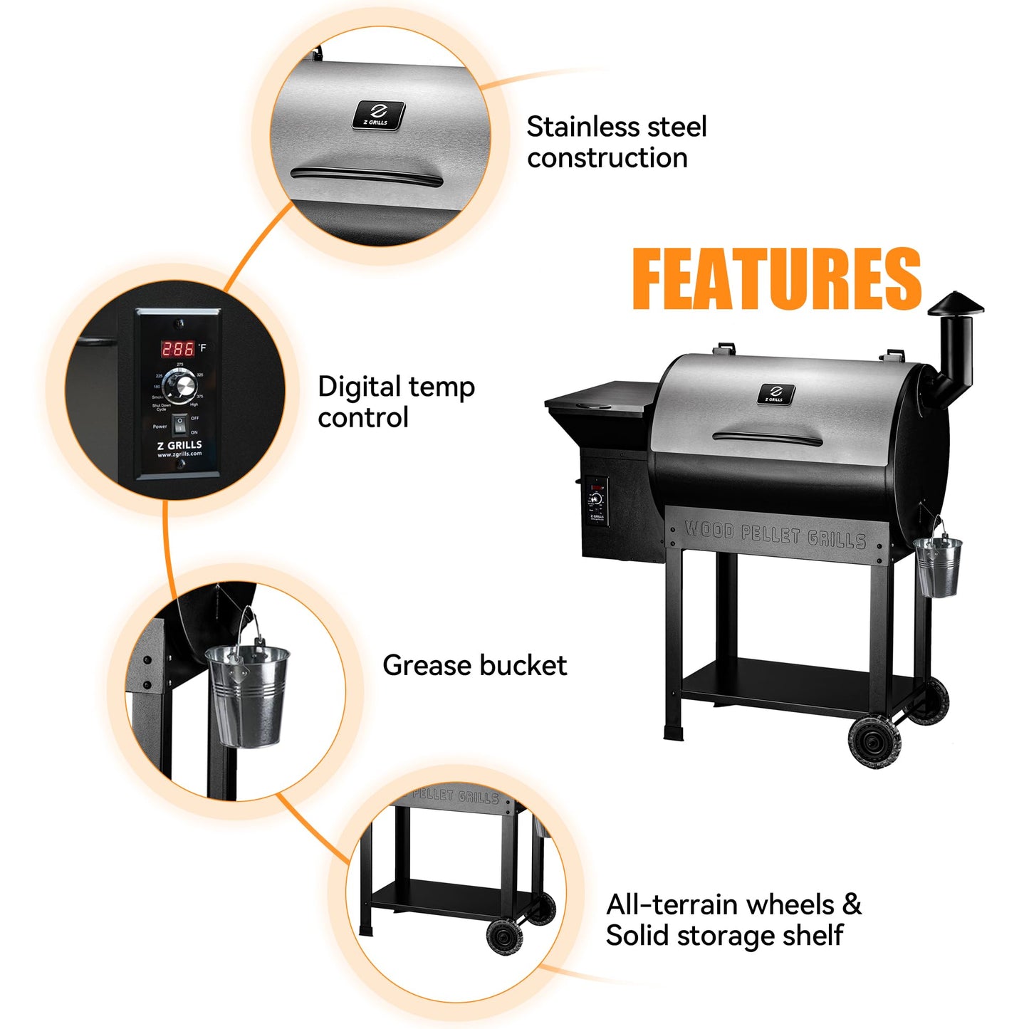 Z GRILLS Wood Pellet Smoker Grill, 8 in 1 BBQ Grill with Auto Temperature Control, 697 sq in Cooking Area for Backyard, Patio and Outdoor Cooking, 7002E, Sliver