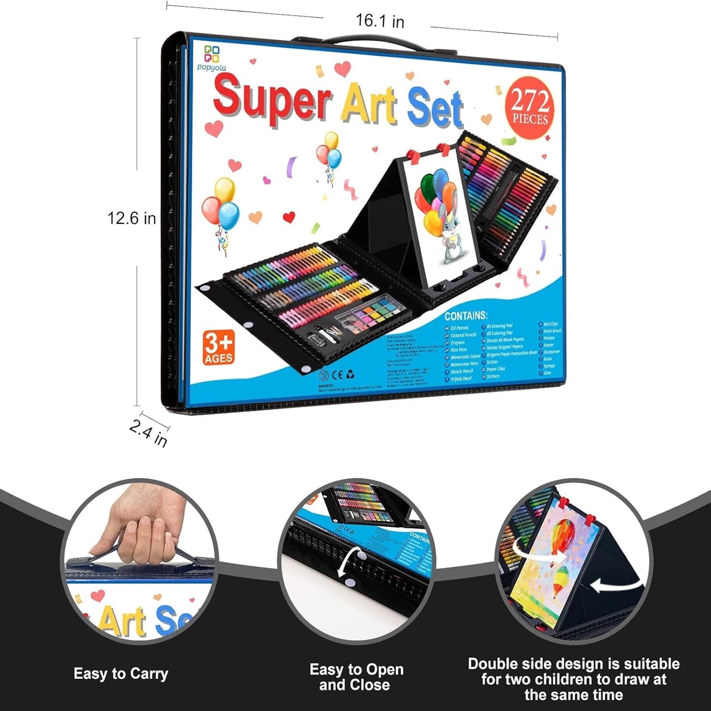 Art Supplies, 272 Pack Art Set Drawing Kit for Girls Boys Teens Artist, Deluxe Gift Art Box with Trifold Easel, Origami Paper, Coloring Book, Drawing Pad, Pastels, Crayons, Pencils, Watercolors(Black)