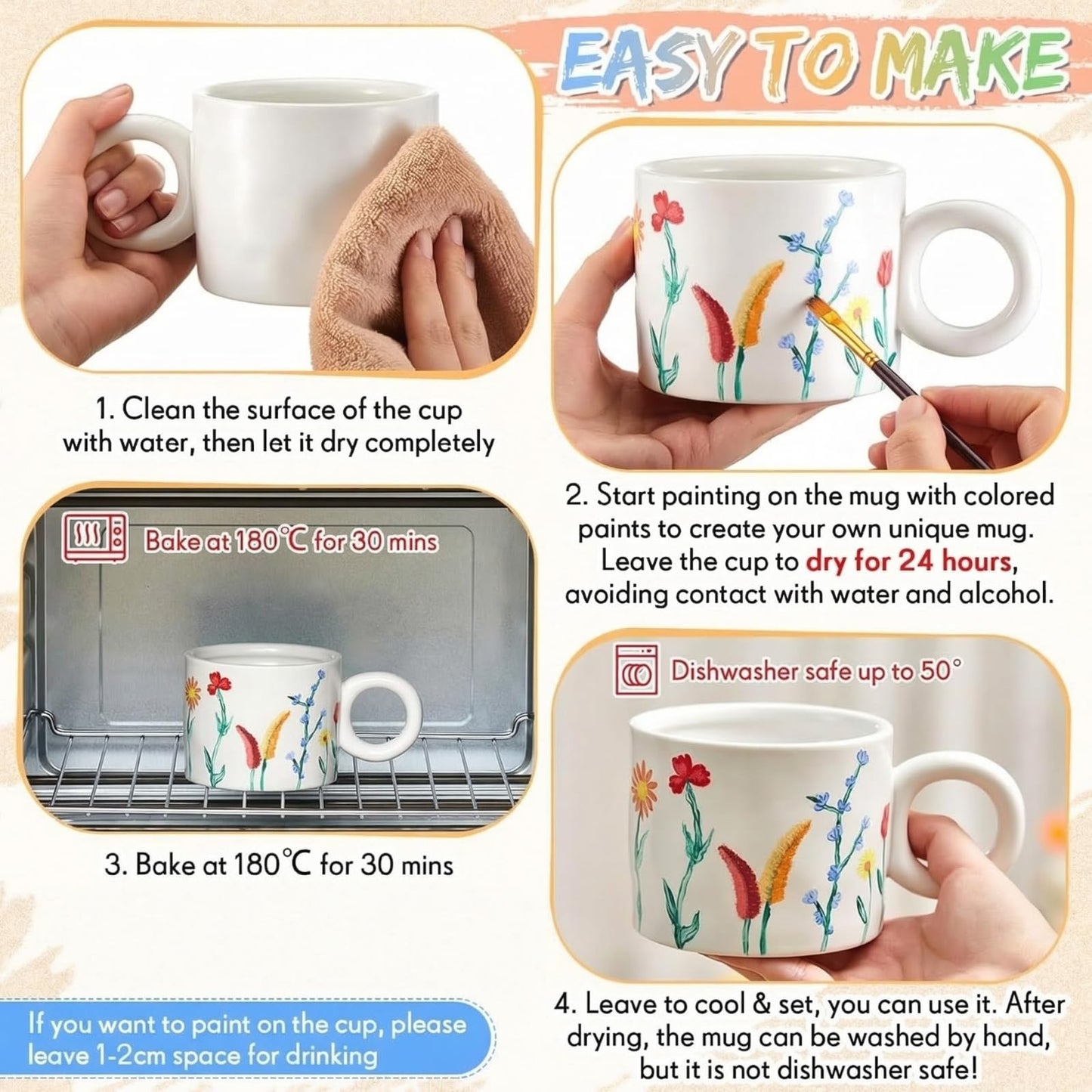 Geiserailie Pottery Painting Kit for Adults, Paint Your Own Mug DIY Set with 2 Ceramic Mugs, 12 Acrylic Paints & Brushes Painting Gift for Easter Graduation Mother's Day Party(Petal-Shaped Mouth)