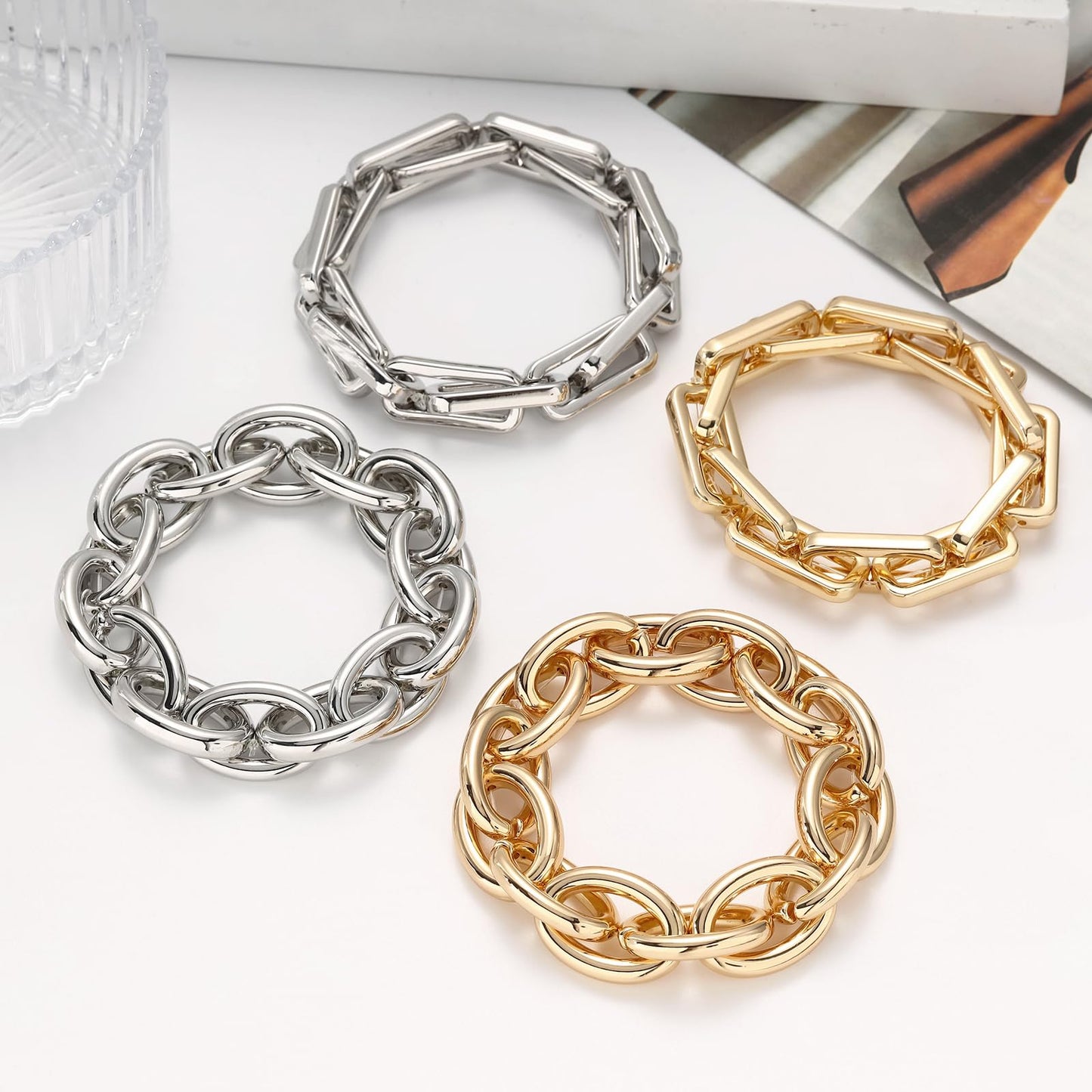 WZJLY Chunky Gold Bracelet for Women Non Tarnish, Trendy Stretch Cuban Link Chain Plated Gold Bangle Bracelets (Paperclip-Silver)