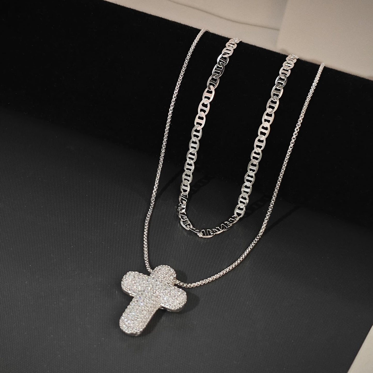 OGD Layered Silver Necklaces for Women 925 Silver Plated Cross Necklace for Women Stackable Stacked Stacking Dainty Necklace Mariner Chain Necklace CZ Cross Pendant Necklaces Set Simple Jewelry Gift