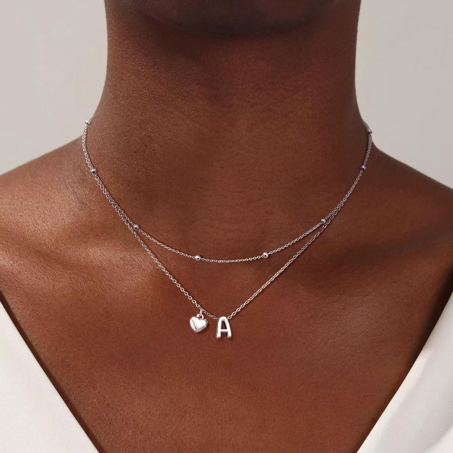 adoyi Silver Heart Initial Necklaces for Women 14k Gold Plated Layered bubble Letter Necklace Dainty Heart V Pendant Necklace Stack Birthday Valentines Gifts for Women Jewelry
