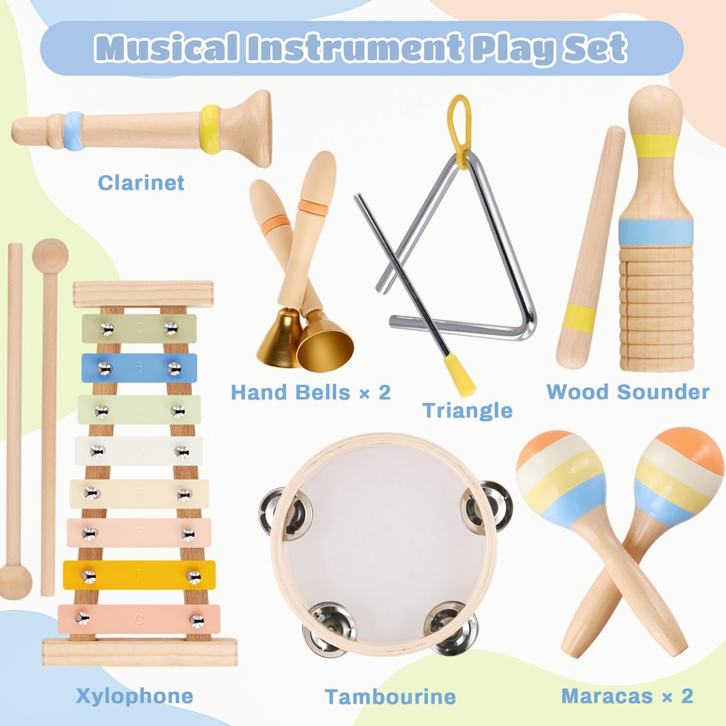 Baby Musical Instruments, Montessori Wooden Musical Toys for Toddlers 1–3, Xylophone Tambourine Triangle Maracas, Wooden Baby Instruments, Kids Preschool Educational Toys, Birthday Gift for Boys Girls