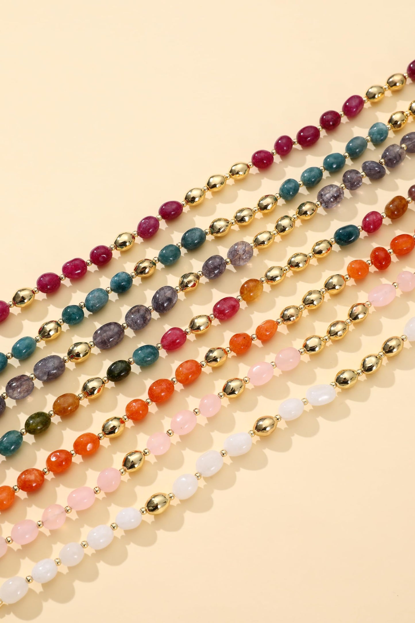 NVWAROCK Beaded Bracelet for Women, Gemstone Bracelet, 14K Gold Plated Stackable Handmade Oval Stone Bracelet Jewelry Gift - Grey