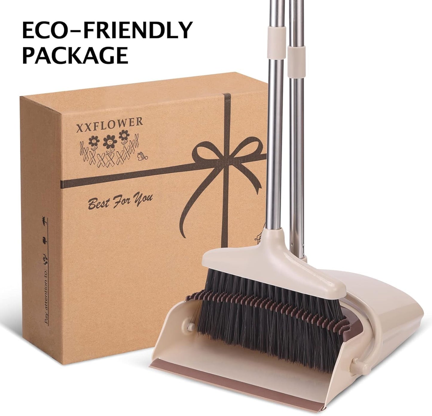 XXFLOWER Broom and Dustpan Set with Long Handle, Light Weight Stainless Steel Poles Stand Upright Dustpans with Broom Combo for Home Kitchen Office Pet Dog Hair, Brown & Beige Color, 1-Pack